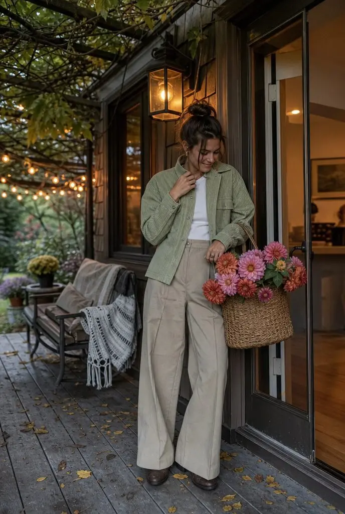 casual halloween party outfit: pistachio corduroy jacket with wide-leg trousers