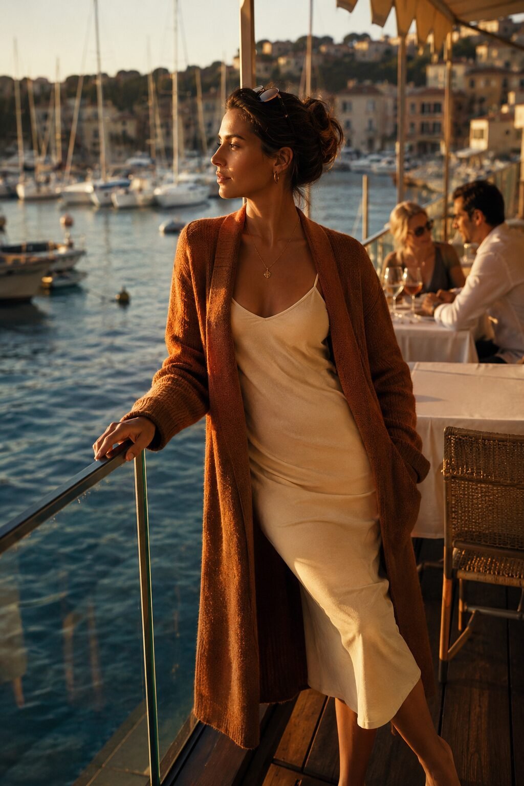 casual client dinner outfit: cognac merino cardigan worn open over a cream jersey slip skirt