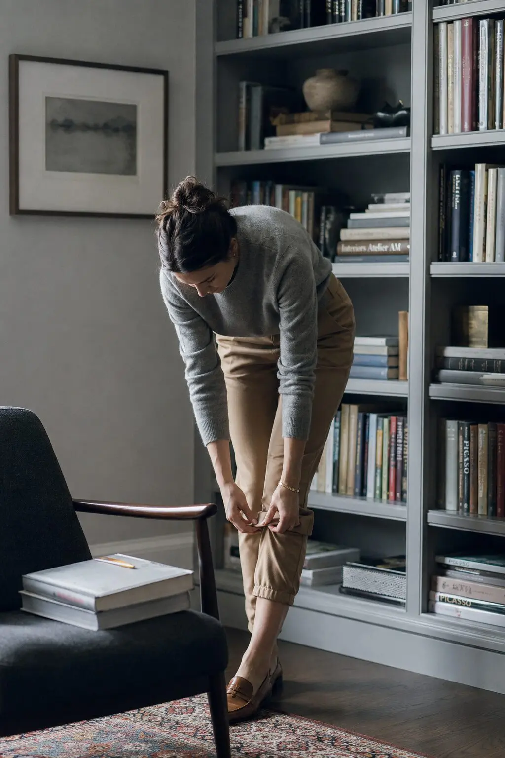 heathered grey and camel work from home outfit: crewneck sweater tucked into tailored joggers with loafers
