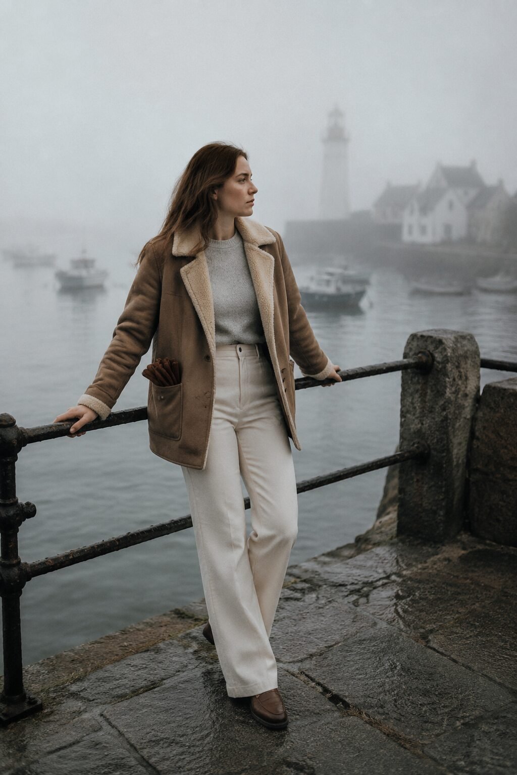 cozy fall errand outfit: khaki wool-blend jacket with shearling collar over heather grey cashmere crewneck sweater