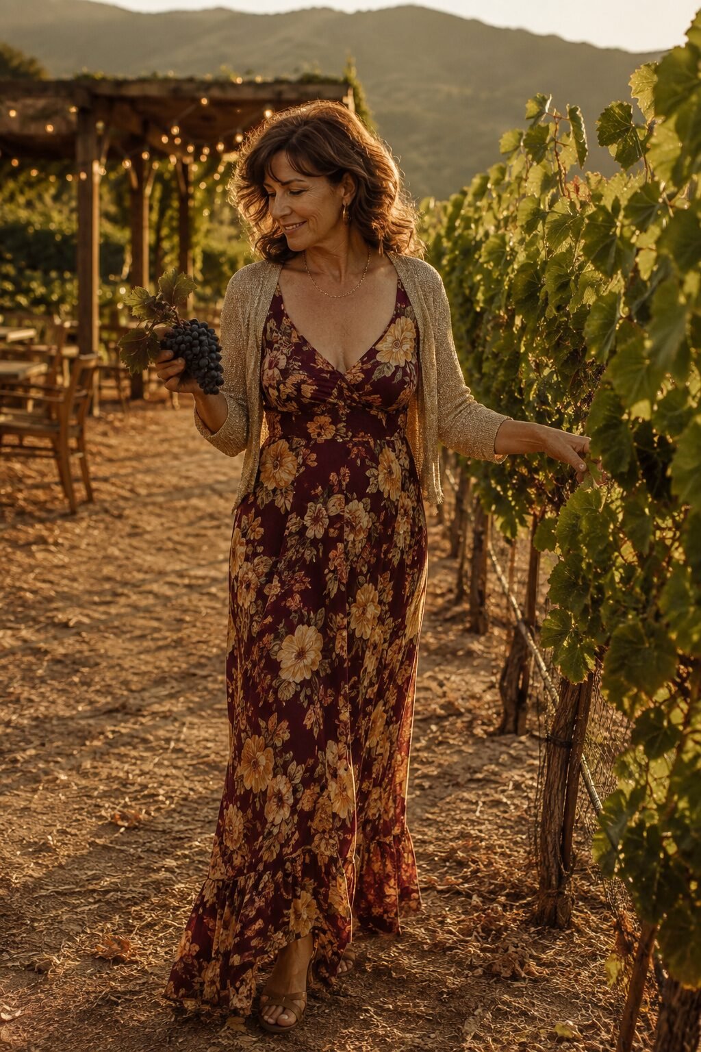 wine and gold floral maxi dress with a cropped bolero shrug for a vineyard wedding mother of the groom outfit