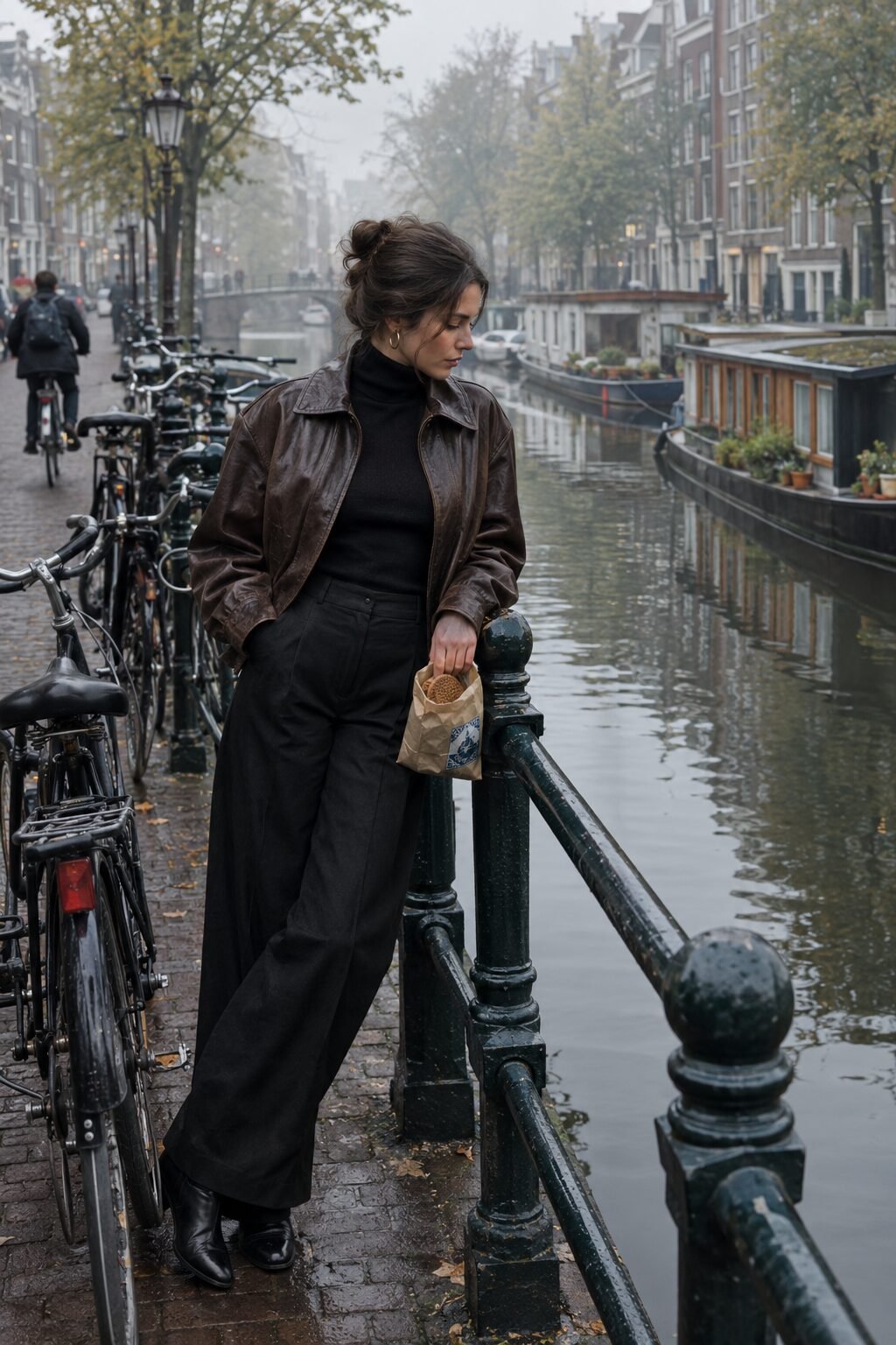 european fall outfit: chocolate leather bomber jacket over a black cashmere turtleneck and wide-leg trouser