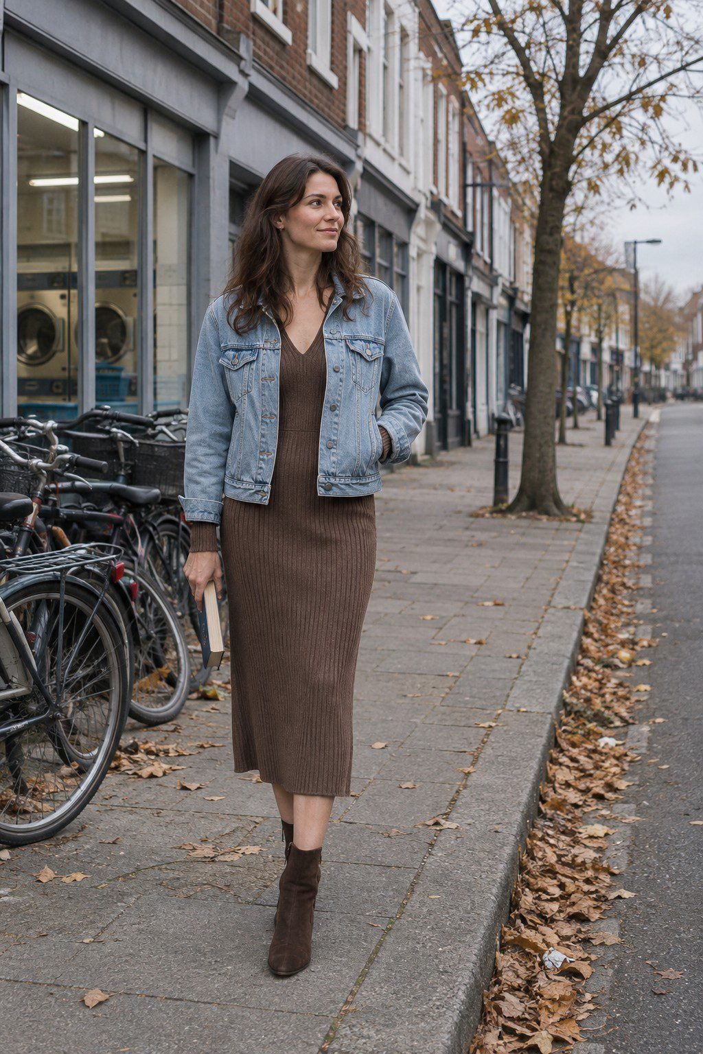 fall layering outfit: light-wash denim jacket over a mocha ribbed knit midi dress with brown suede ankle boots