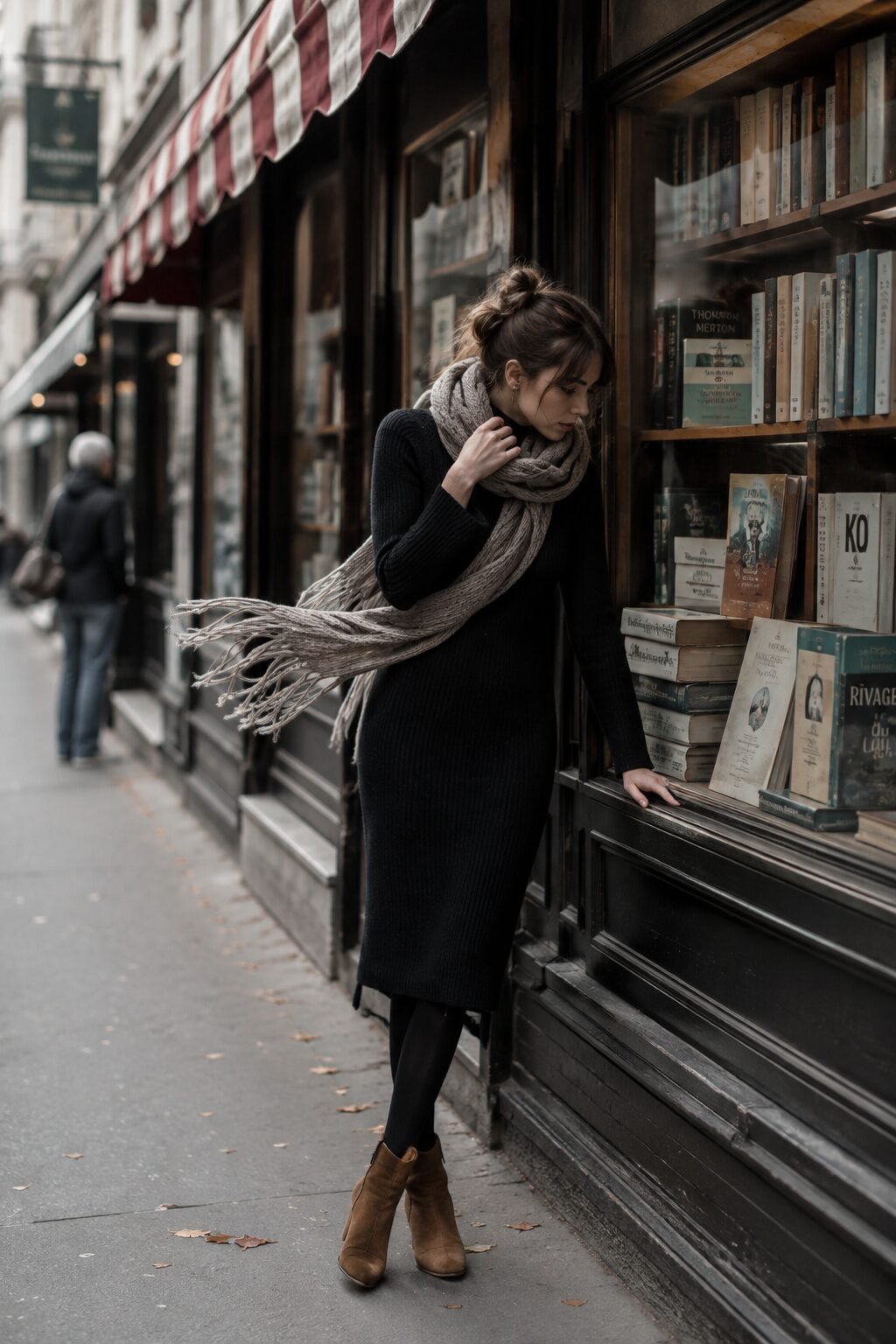 black midi dress with opaque black tights and cropped ankle boots