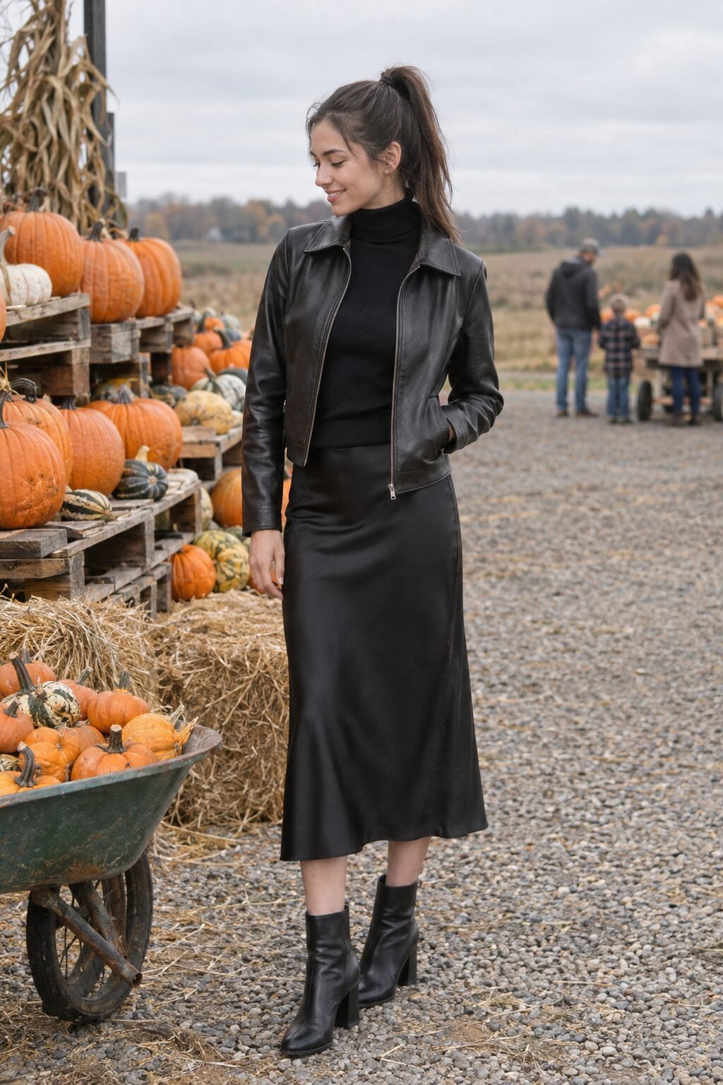 daytime fall outing outfit: black silk midi slip skirt, black cashmere turtleneck, cropped leather jacket, and black ankle boots