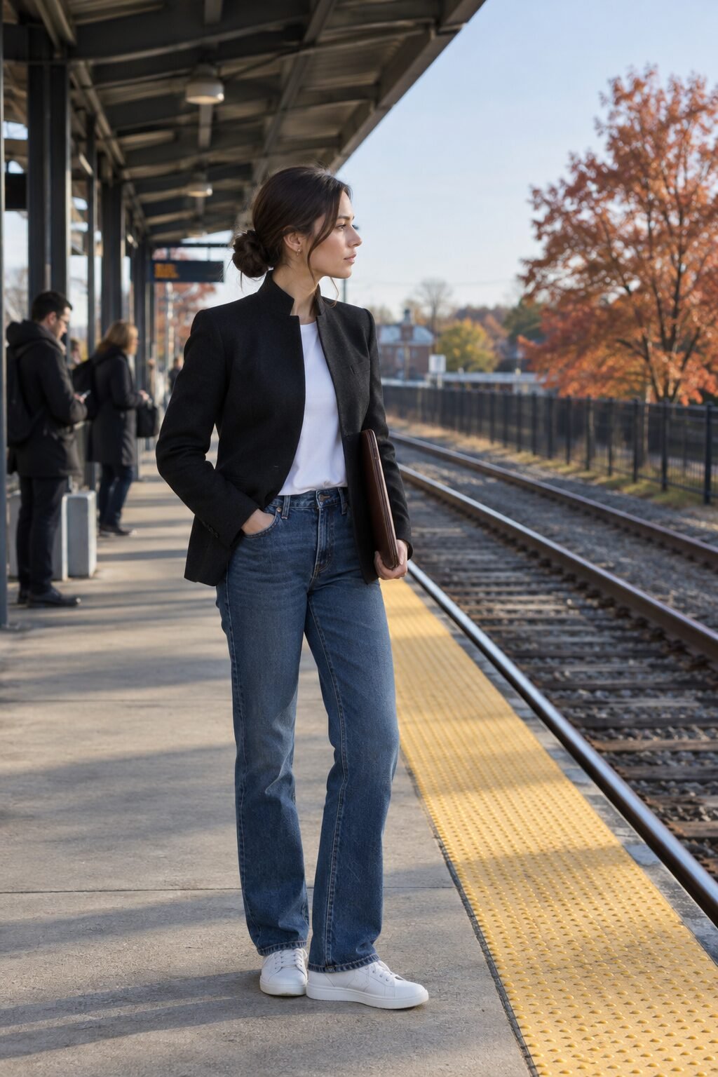 fall layering outfit: black Italian wool stand-collar blazer with straight blue jeans