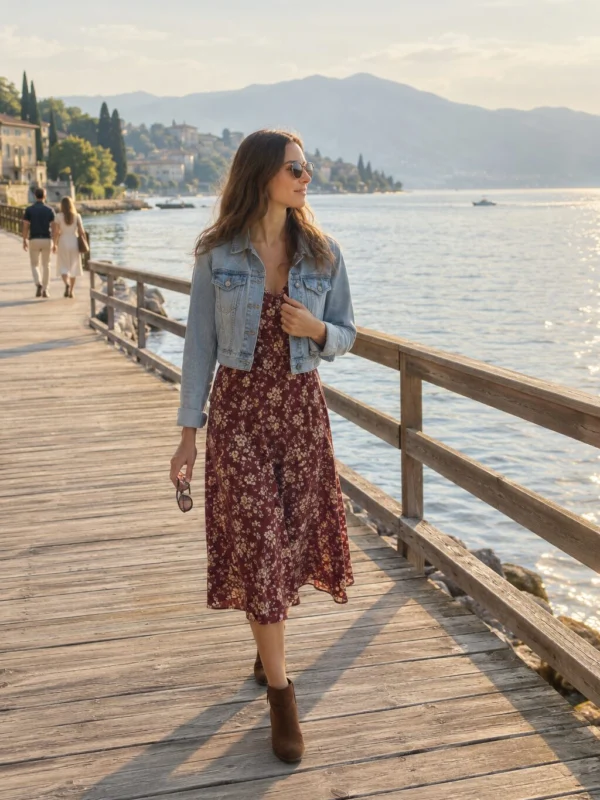 Fall outfit with ankle boots: denim jacket + oxblood floral midi dress