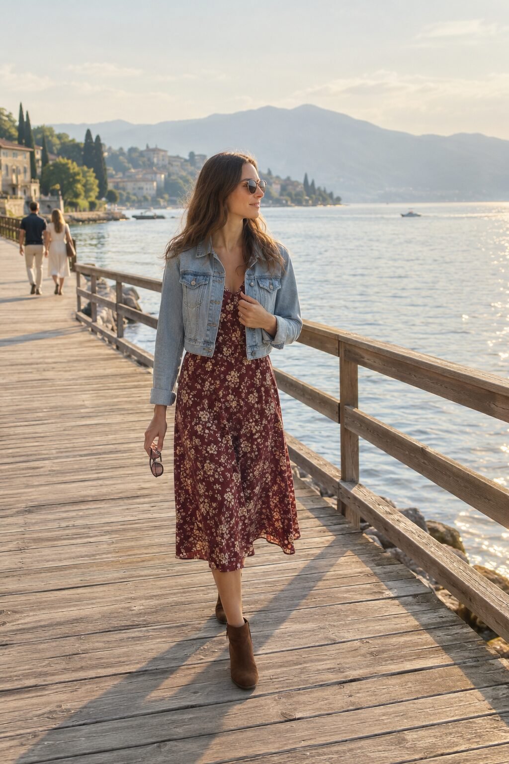 fall outfit with ankle boots: denim jacket and floral midi dress