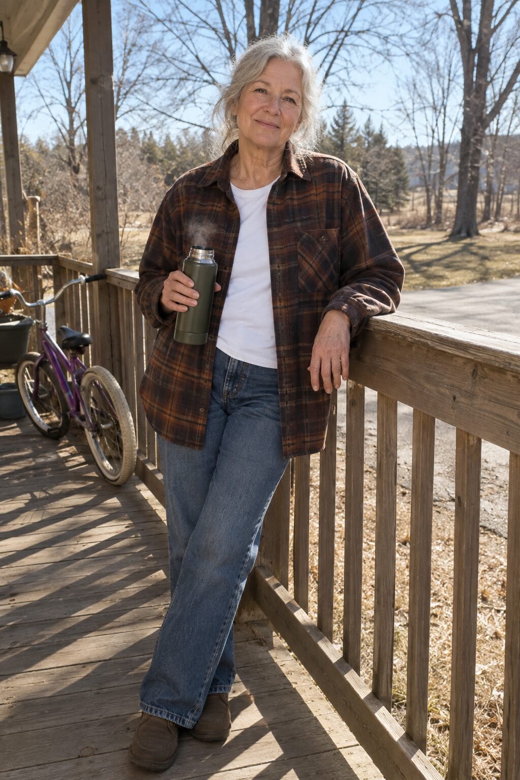 casual winter outfit for a woman in her 70s: smoked gray flannel shirt with straight-leg jeans