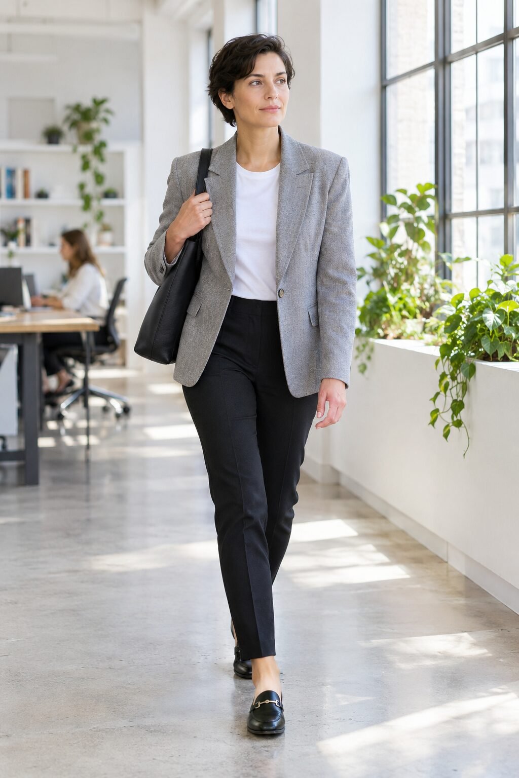 woman in a soft grey blazer walking into a bright room with a relaxed easy posture, quiet confidence