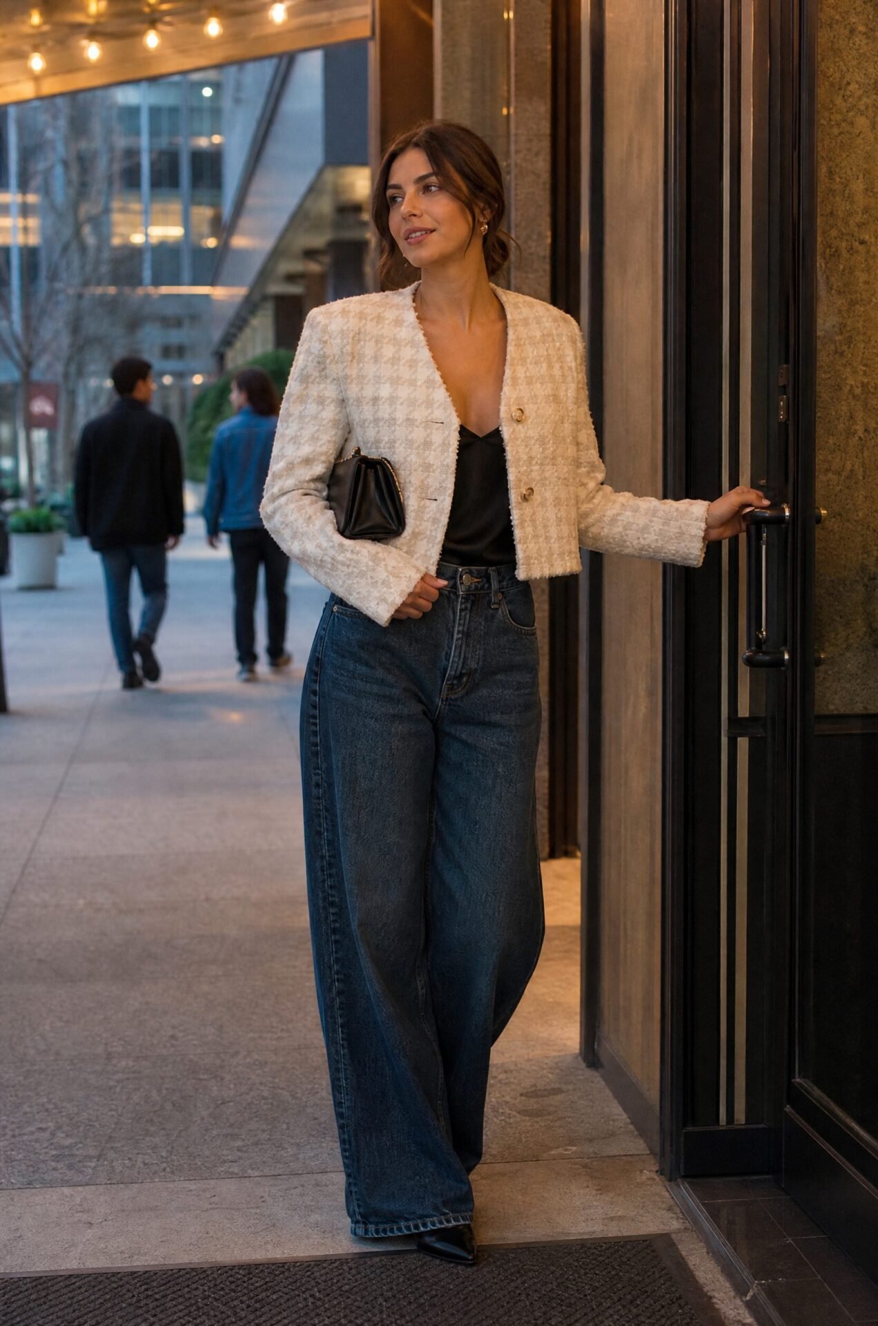dark academia dinner outfit: cream houndstooth cropped tweed jacket over baggy dark-wash denim jeans