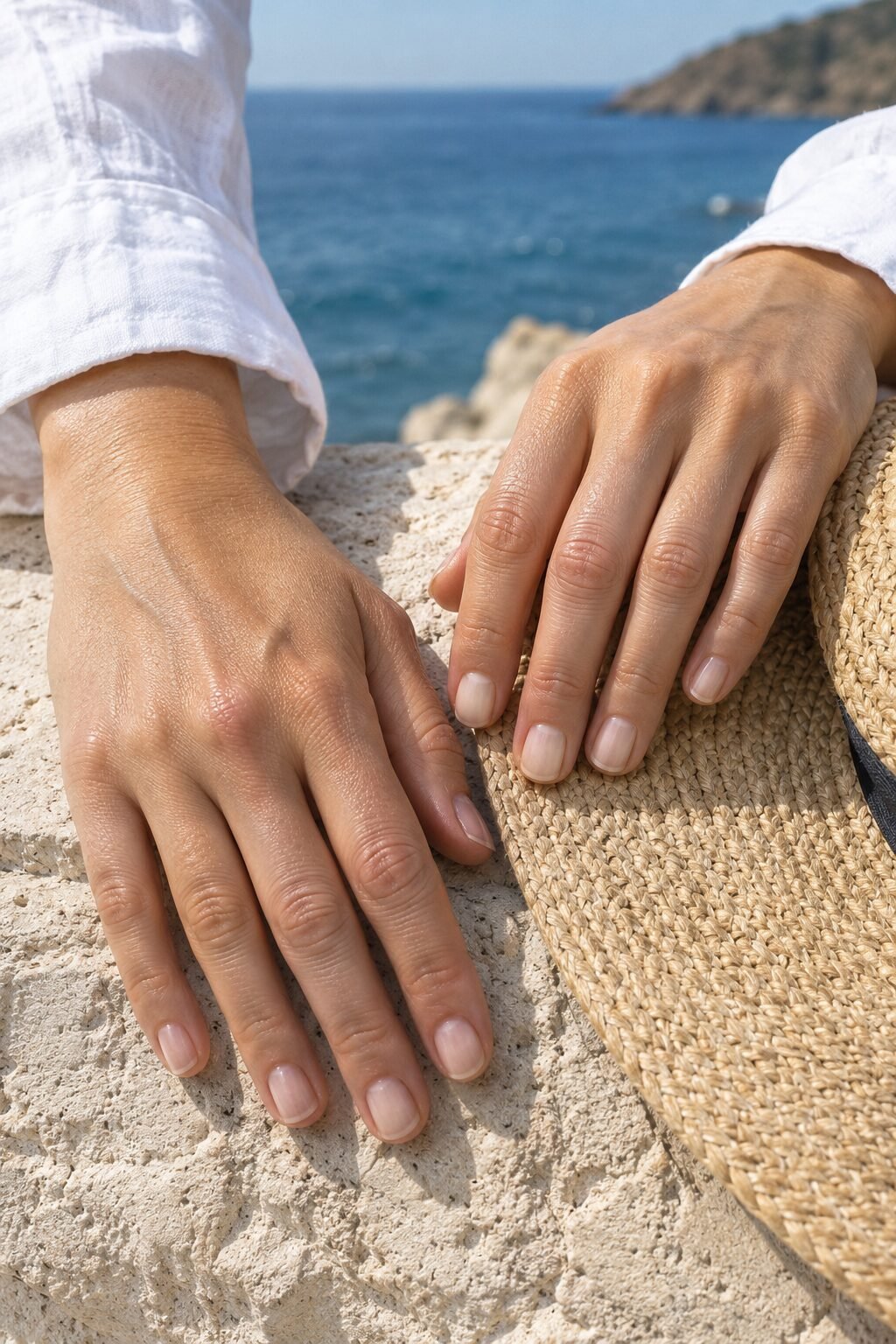 close-up of bare, naturally buffed short nails resting on a stone wall beside a straw sun hat