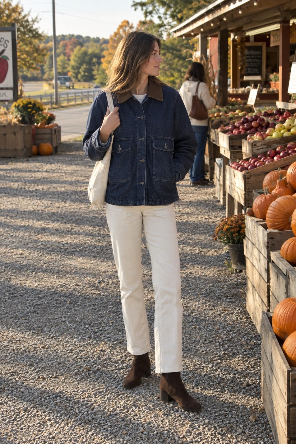 old money outfit: navy denim barn jacket with dark brown suede block-heel ankle boots