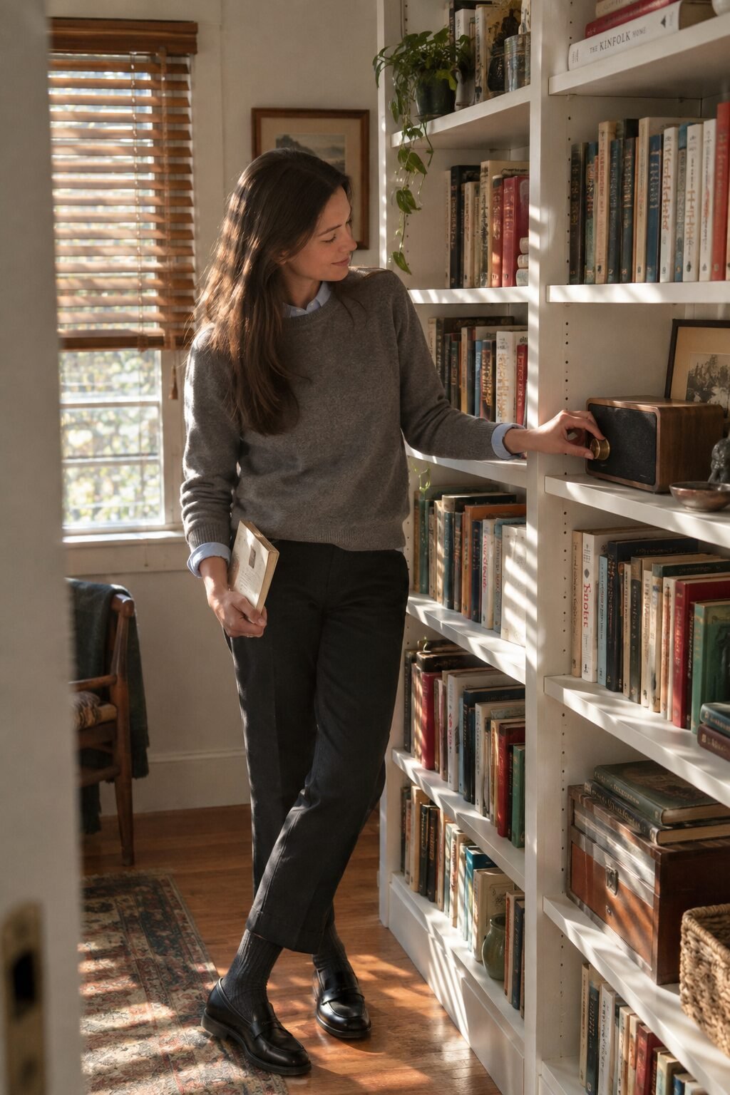 A woman in a soft grey sweater adjusting the volume on a wooden speaker on a bookshelf
