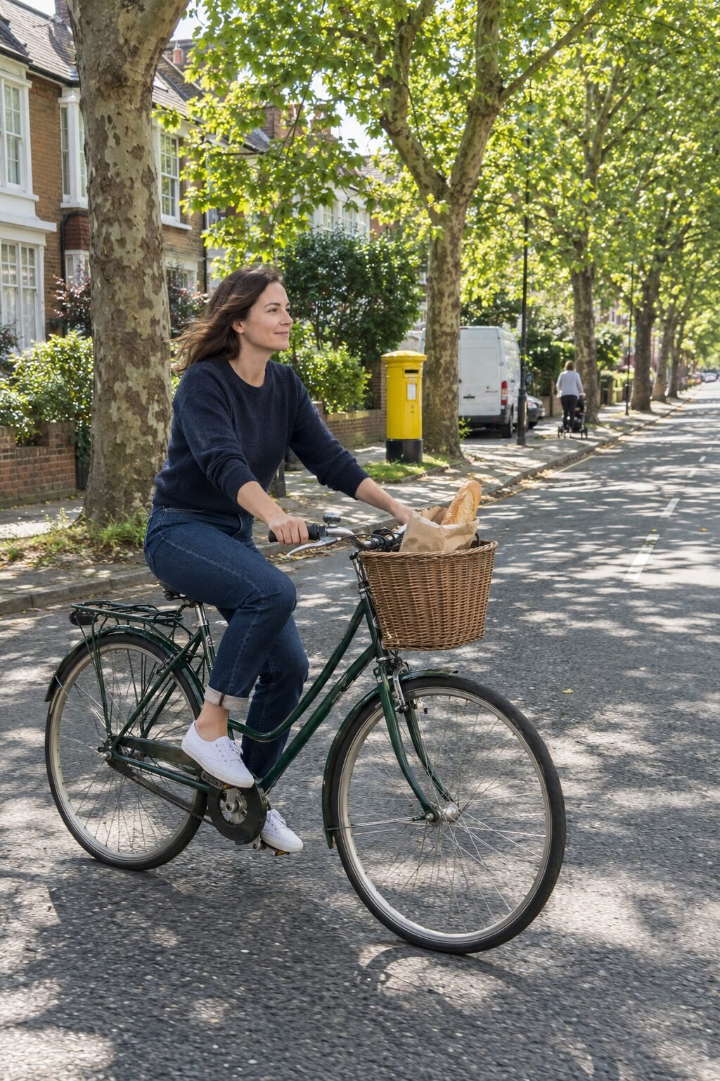 a woman riding an old upright bicycle with a wicker front basket holding a paper bakery bag down a quiet residential street