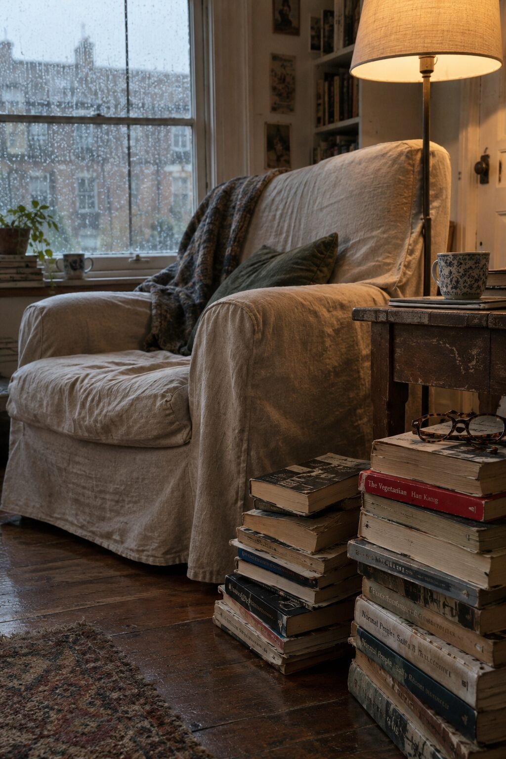 italian house interior reading corner with stacks of well-read books beside a linen slipcovered armchair and a lit floor lamp on a rainy day