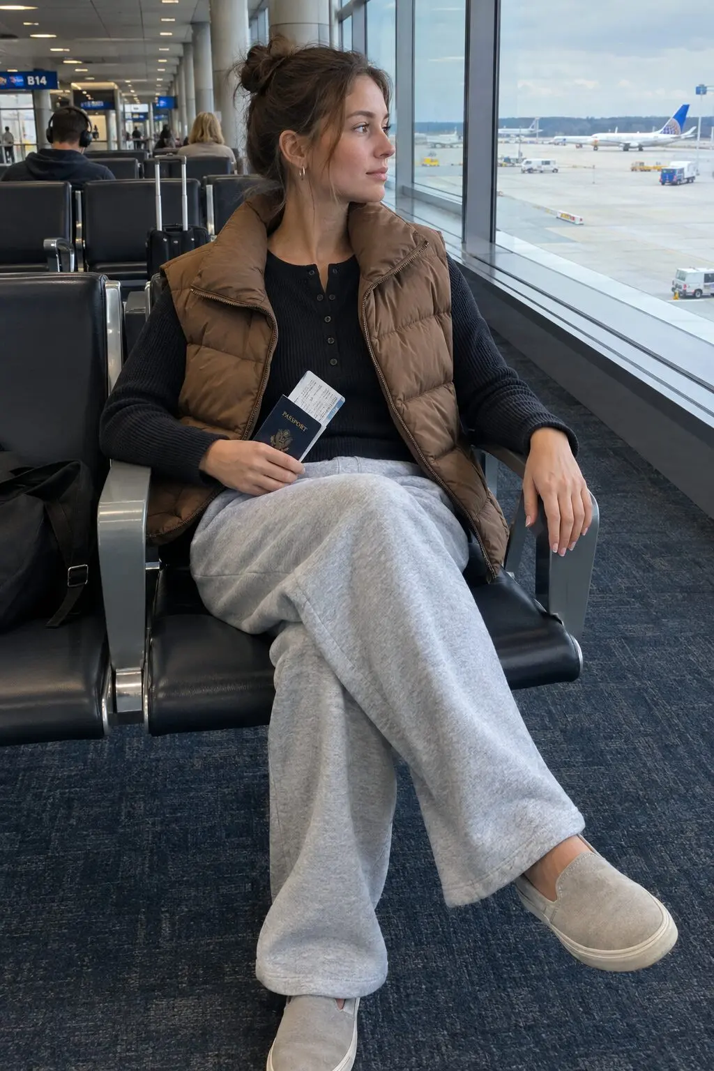 how to style a quilted vest with a waffle-knit thermal: hazel brown quilted vest over a black waffle-knit thermal and wide-leg sweatpants for travel