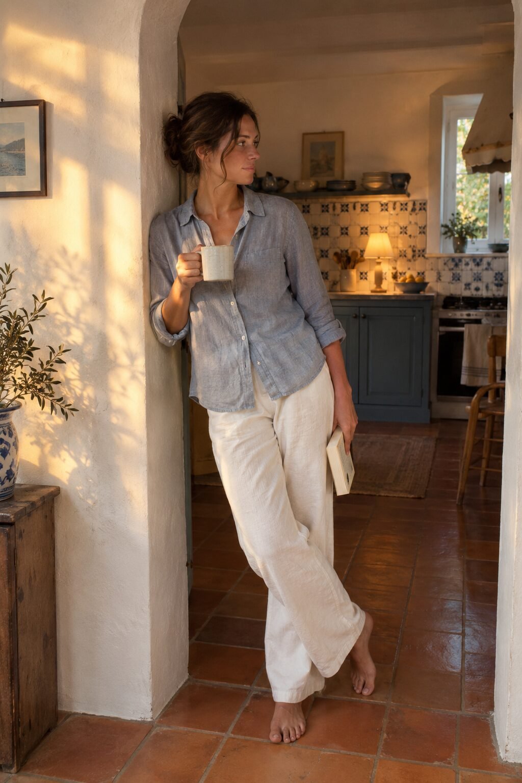 old money evening routine: a woman leaning in a kitchen doorway holding a cup of tea and looking out at the room