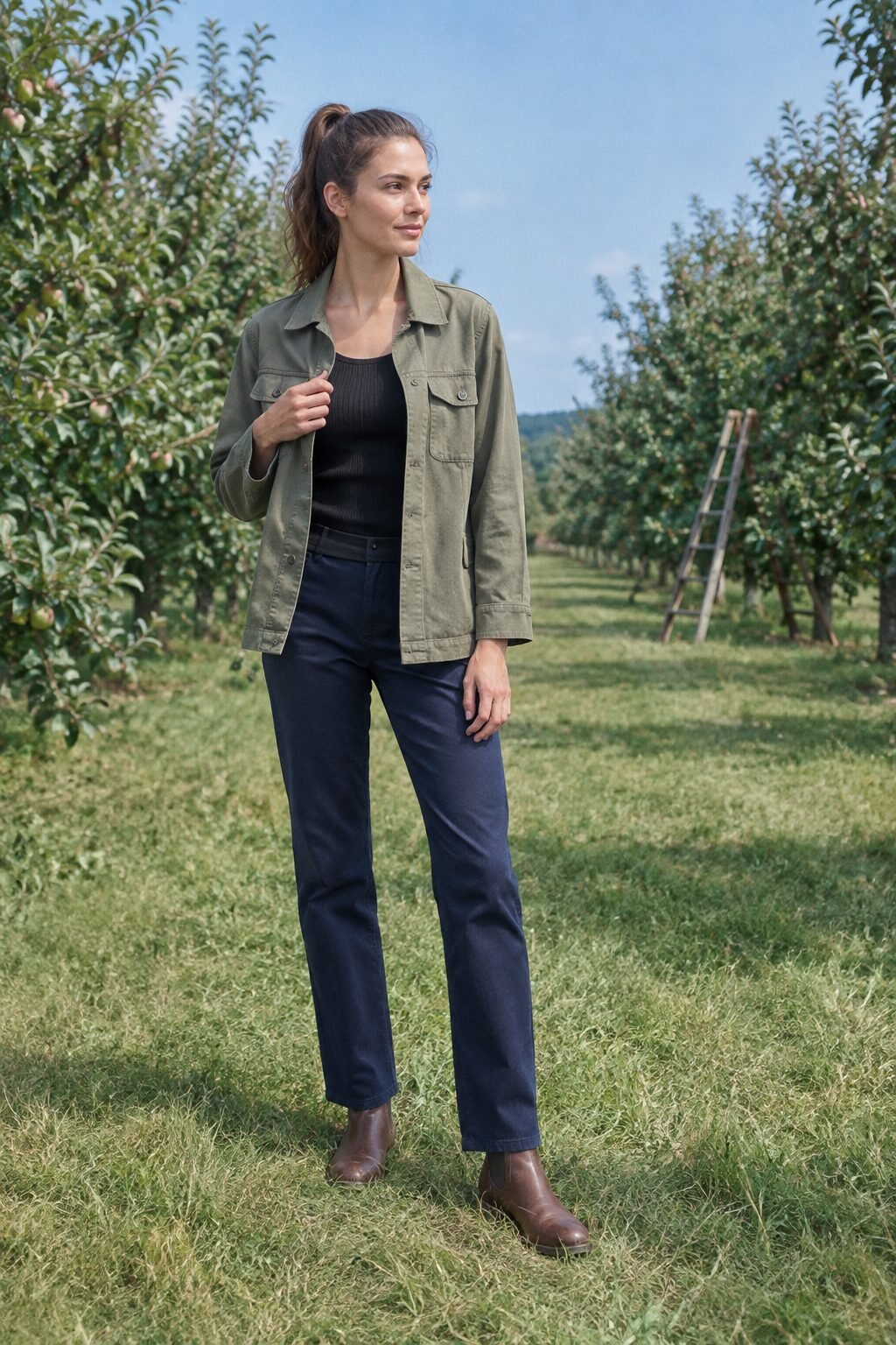 practical apple picking outfit: khaki utility jacket, black ribbed tank and navy straight-leg pants
