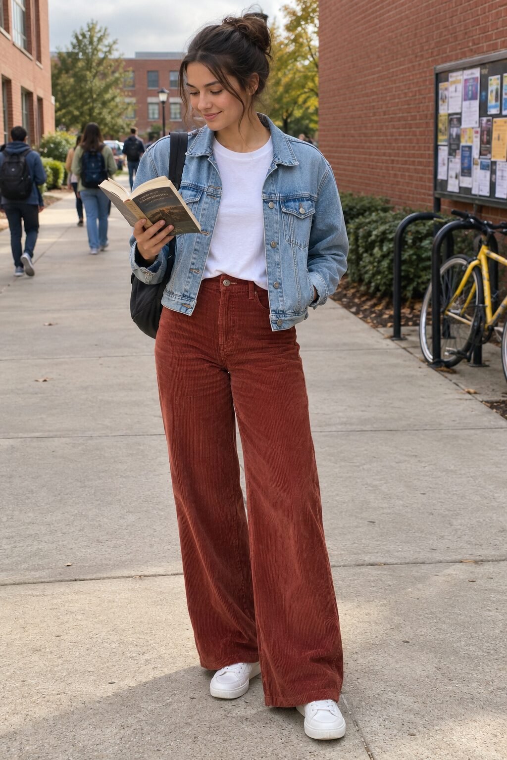 how to style corduroy pants with a light-wash cropped trucker jacket, white tee and brick red wide-leg corduroy pants