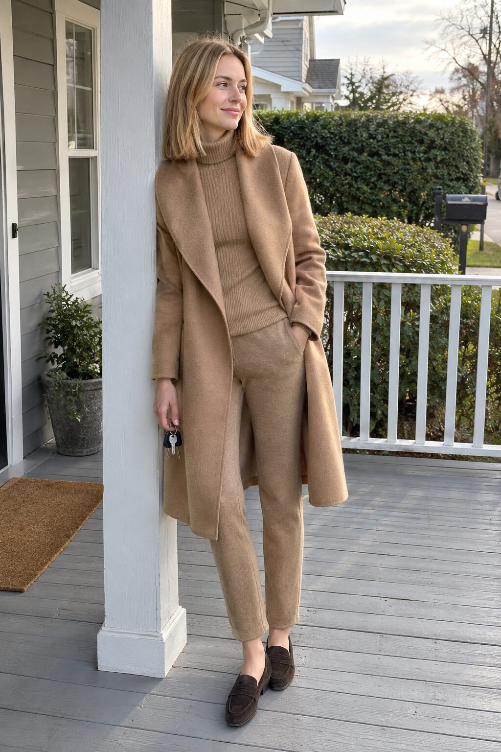 woman in a caramel double-faced wrap coat, camel turtleneck knit set and dark suede penny loafers, date-night bonfire outfit
