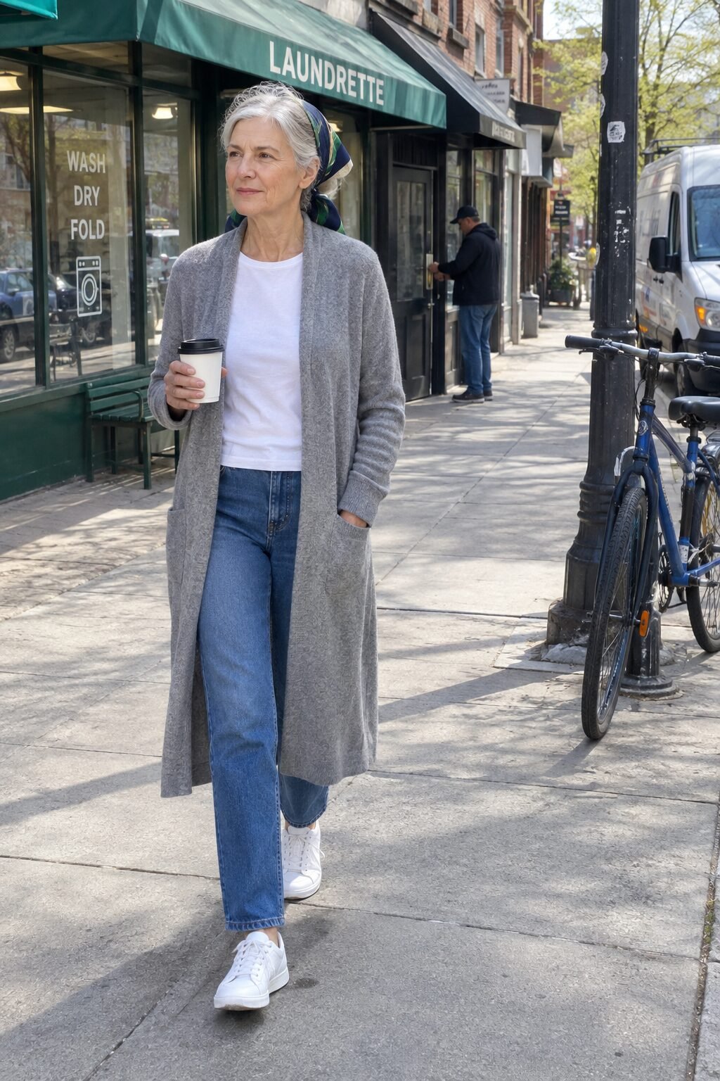 how to style a silk scarf as a headband with a long heather gray cashmere duster cardigan and white supportive sneakers