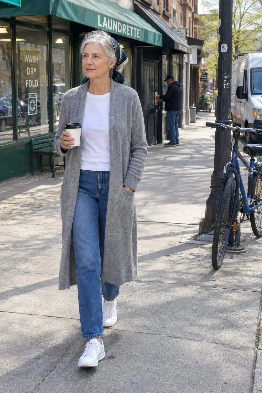 how to style a silk scarf as a headband with a long heather gray cashmere duster cardigan and white supportive sneakers