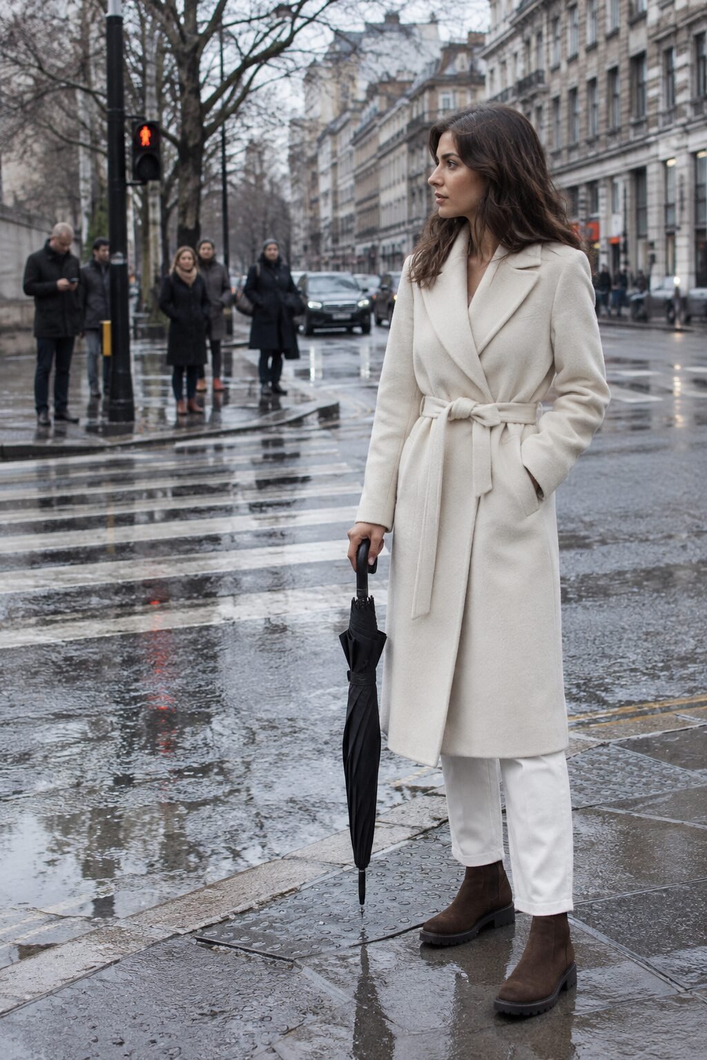 winter white old money outfit: belted ivory cashmere wrap coat over white stovepipe jeans with chocolate brown suede ankle boots