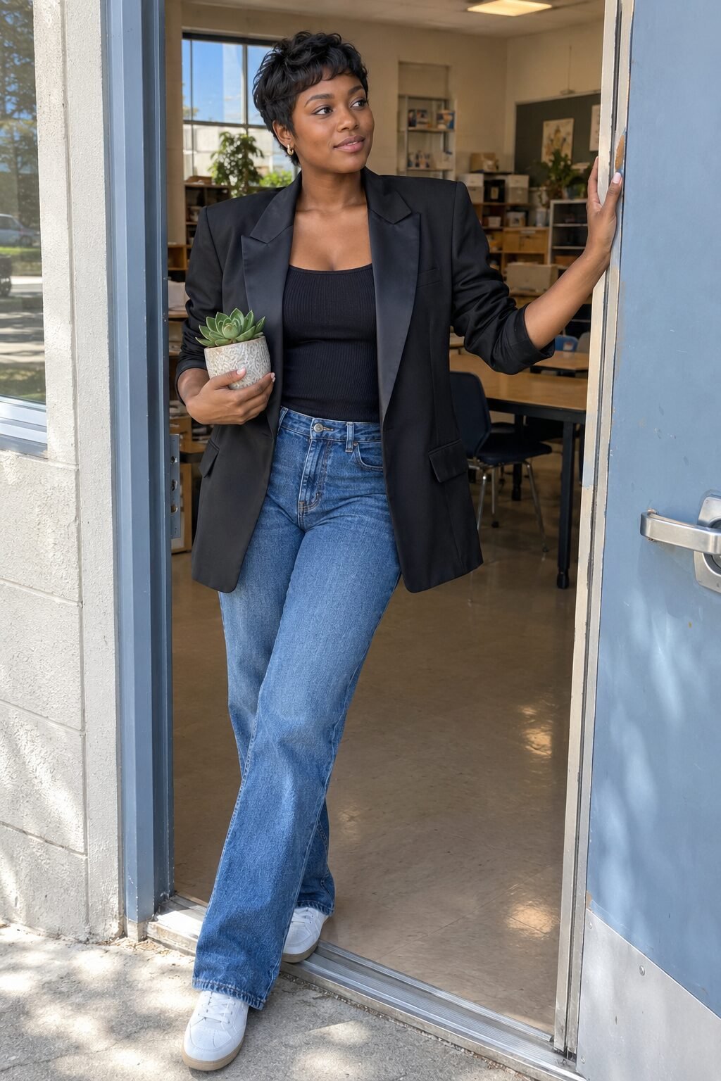 casual chic teacher outfit: oversized black blazer over a ribbed black tank with straight leg denim