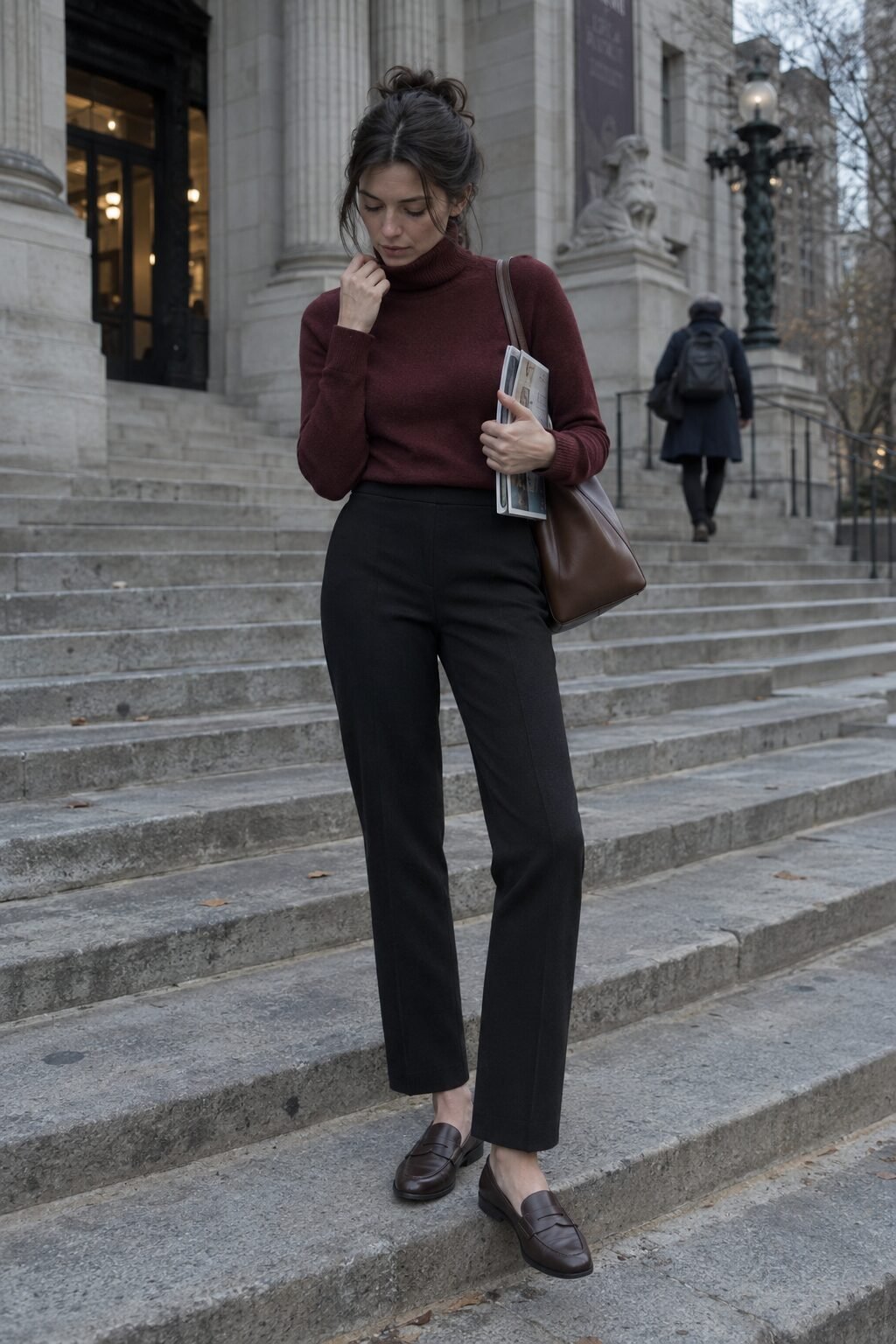 how to style elastic-waist trousers with a burgundy cashmere turtleneck tucked in and coffee bean penny loafers