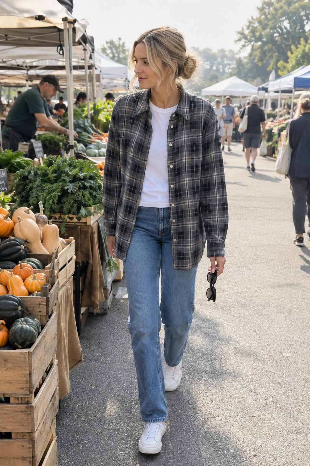 smoked gray flannel shirt over blue straight jeans, an affordable fall halloween outfit for a farmers market day
