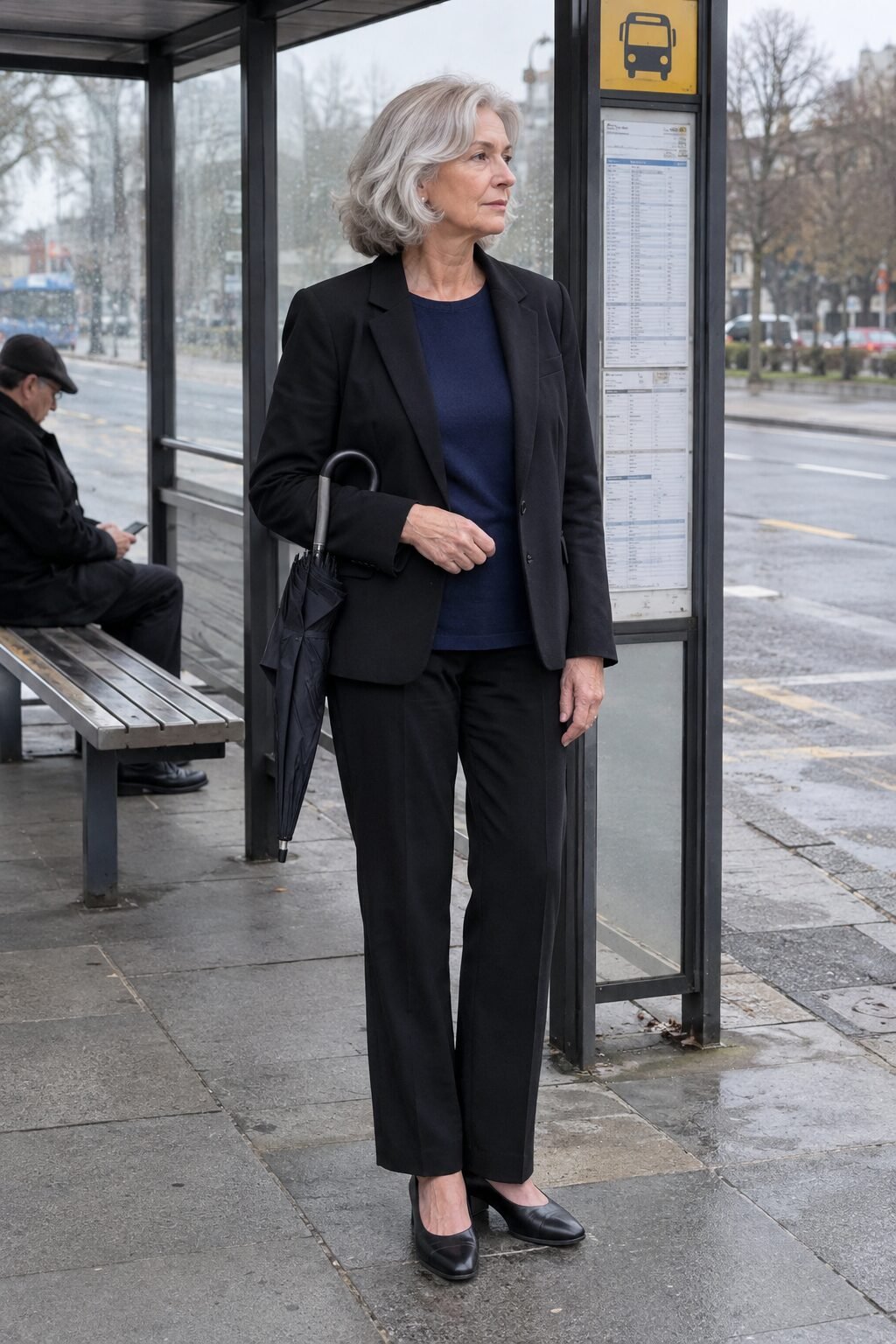 how to style a tunic for women in their 70s: navy crewneck tunic under an open black wool blazer with black trousers