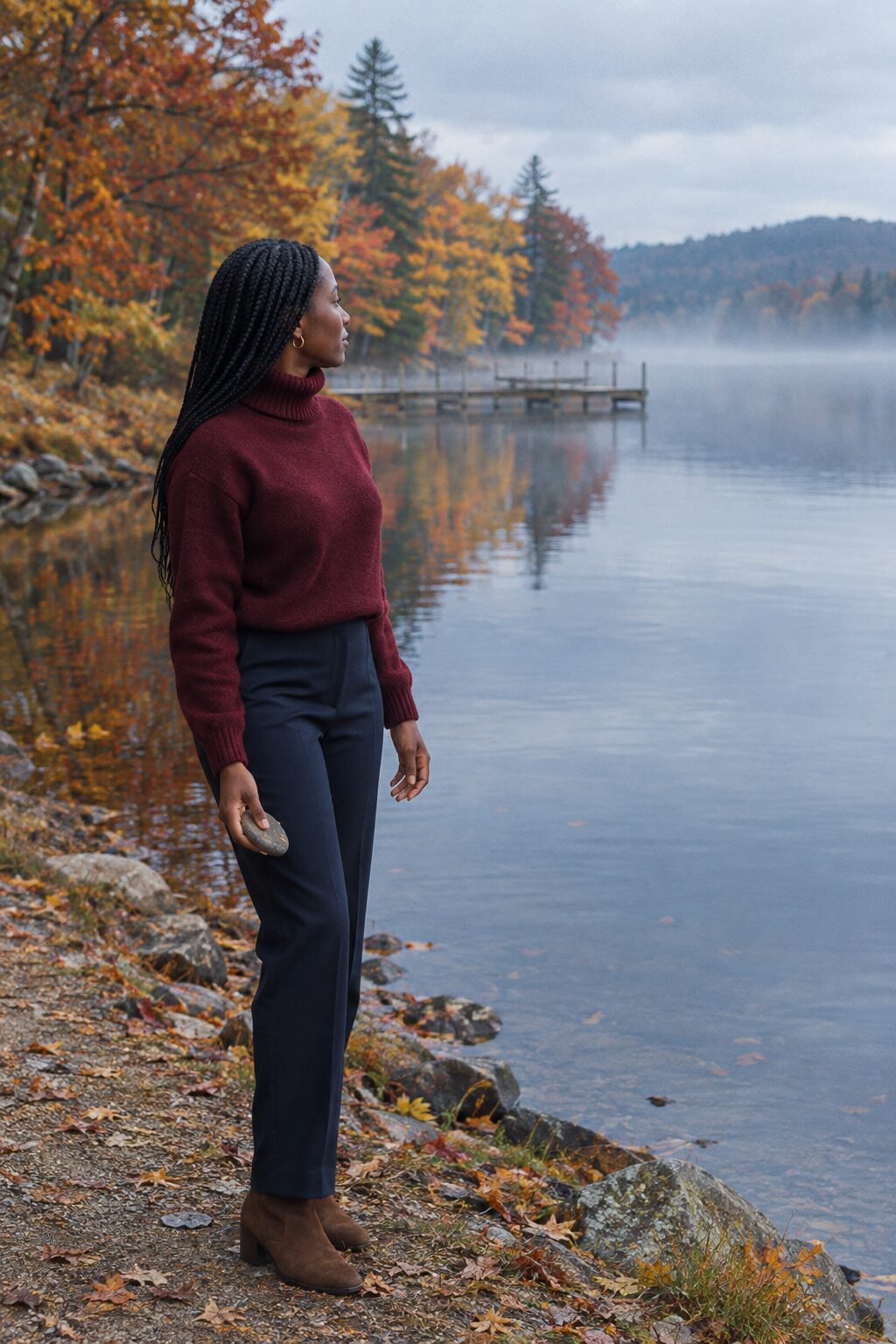 old money countryside fall outfit: burgundy cashmere turtleneck and navy straight-leg trousers on a lakeside path