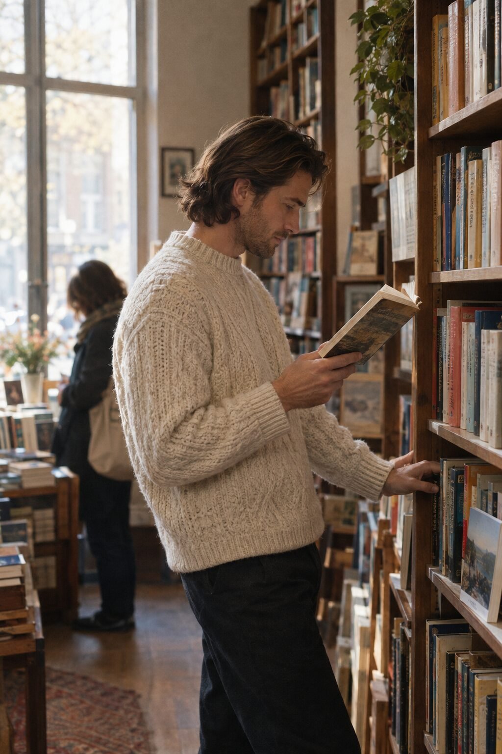 medium-length hair swept back and worn loose at the collar on a man in a cream sweater