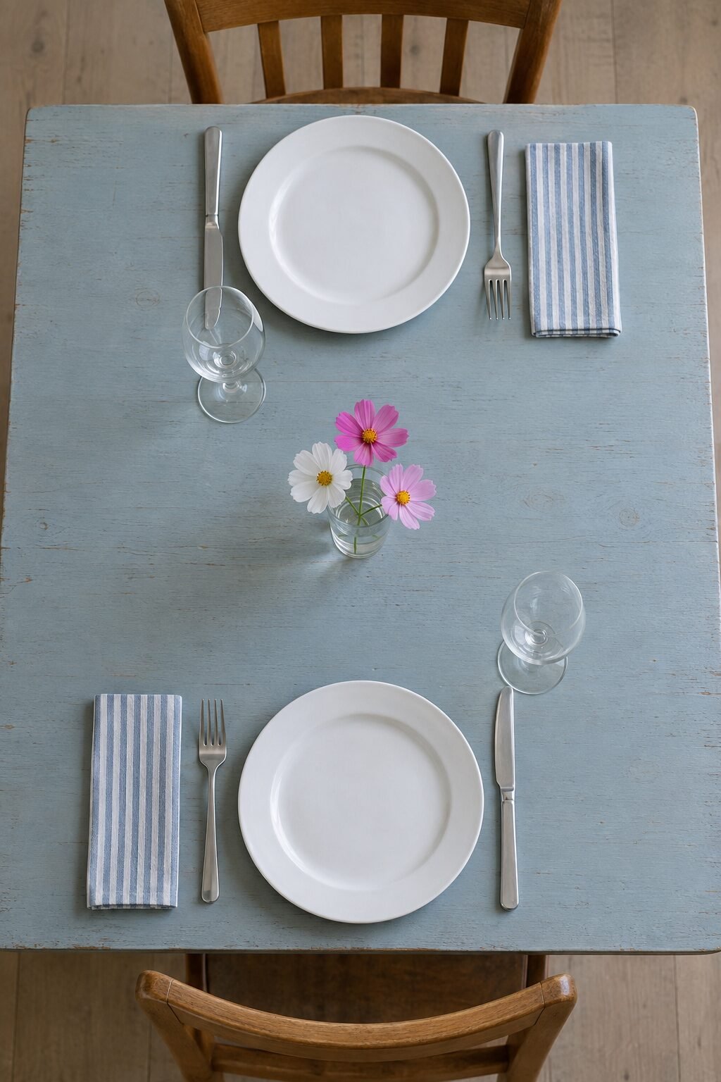 simple table setting for two with a few short garden stems in a small glass bud vase between the place settings