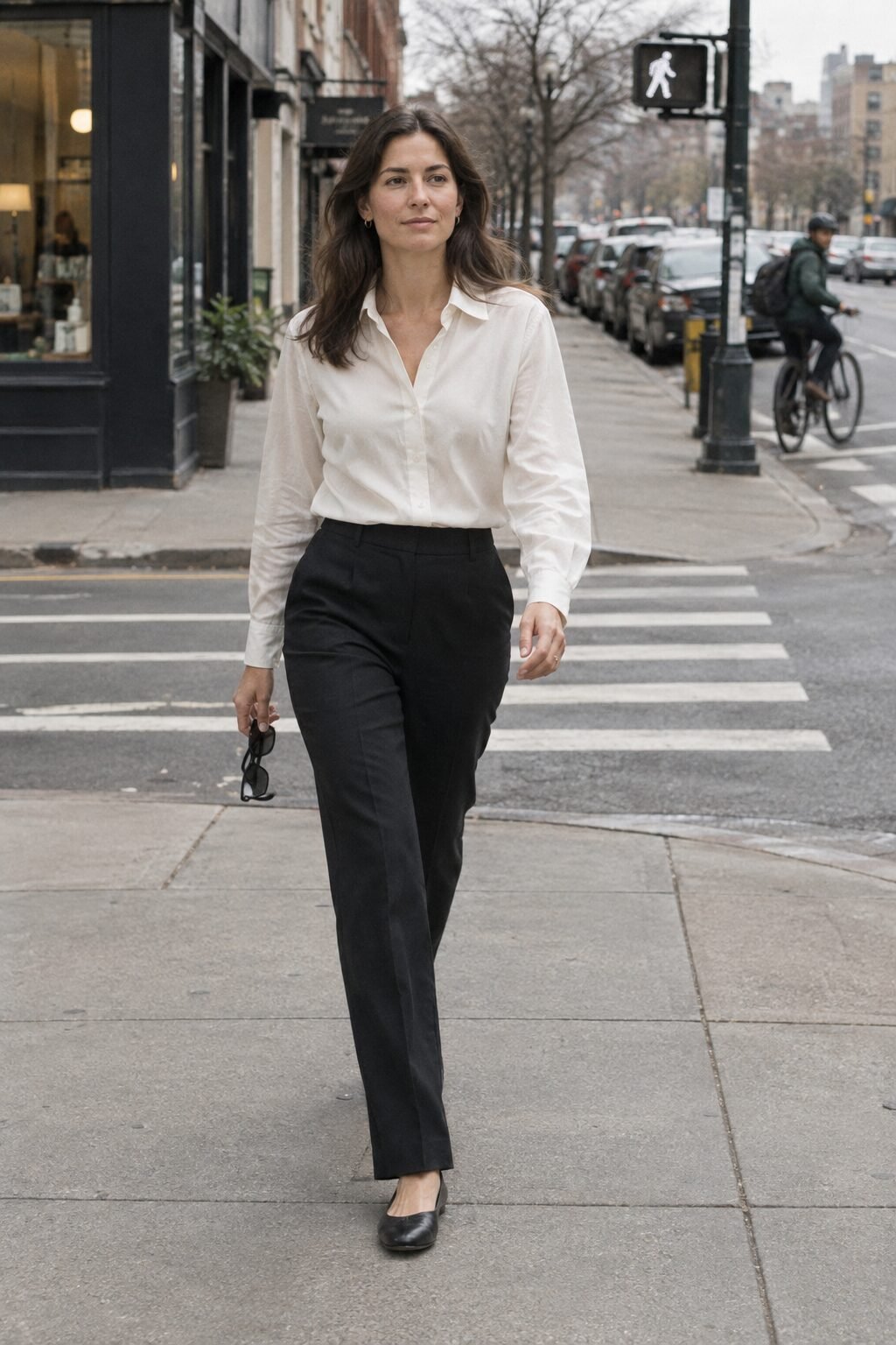 woman walking with relaxed confident posture in an elegant neutral outfit