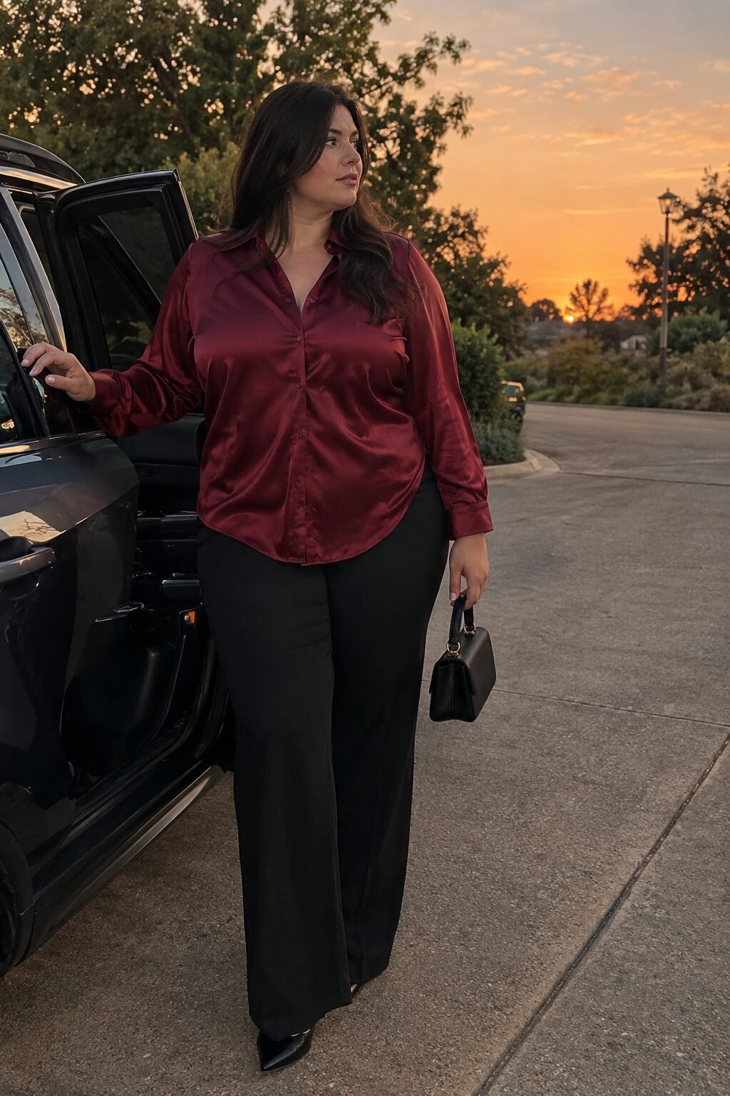 plus size halloween dinner outfit: wine-red silk blouse with black wide-leg trousers