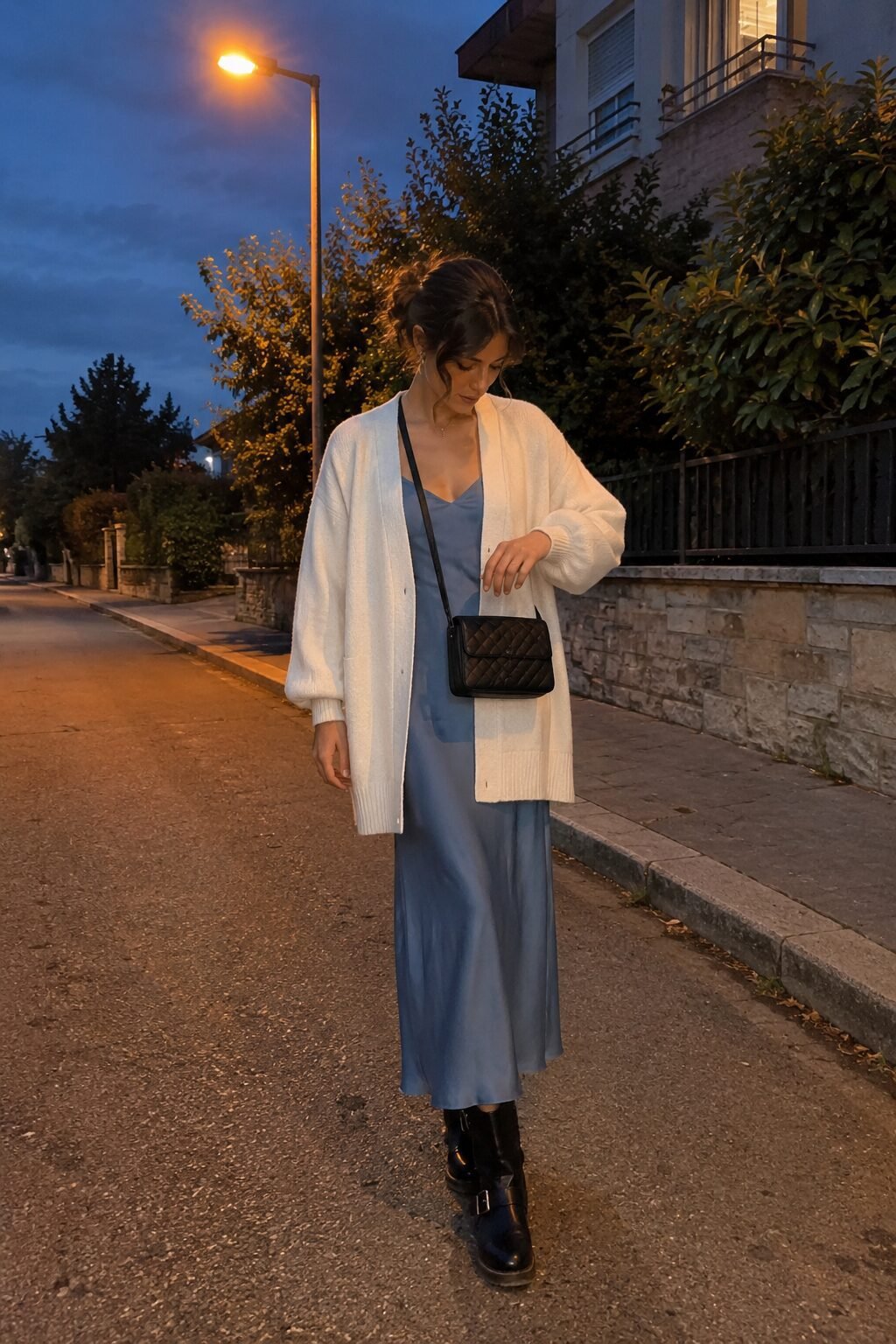 cashmere outfit for winter: ivory oversized cashmere cocoon cardigan over a dusty blue slip dress with black leather boots