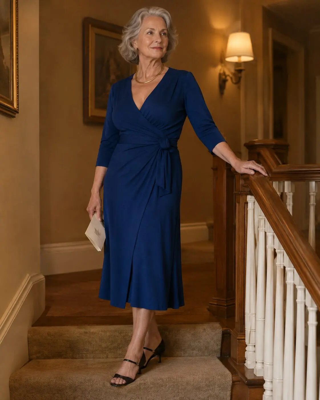 how to style a wrap dress for women in their 70s: navy wrap dress with a gold herringbone necklace for evening