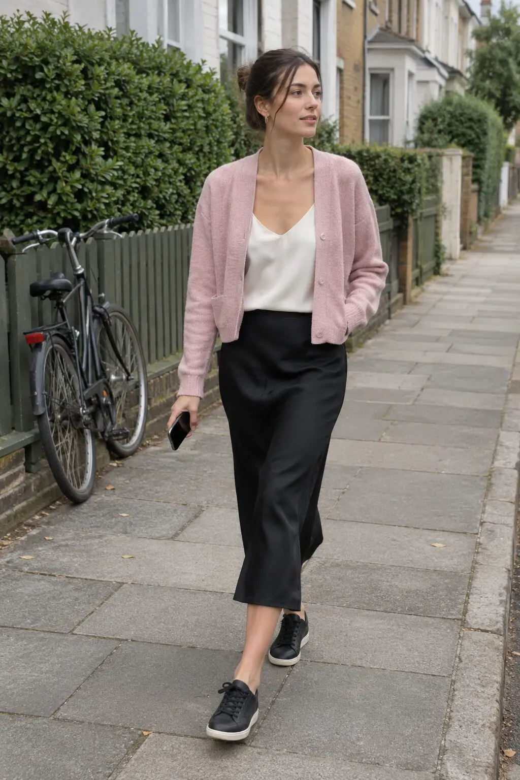 elegant loungewear outfit: shell pink cropped cardigan over an ivory silk cami with a black slip skirt and leather sneakers