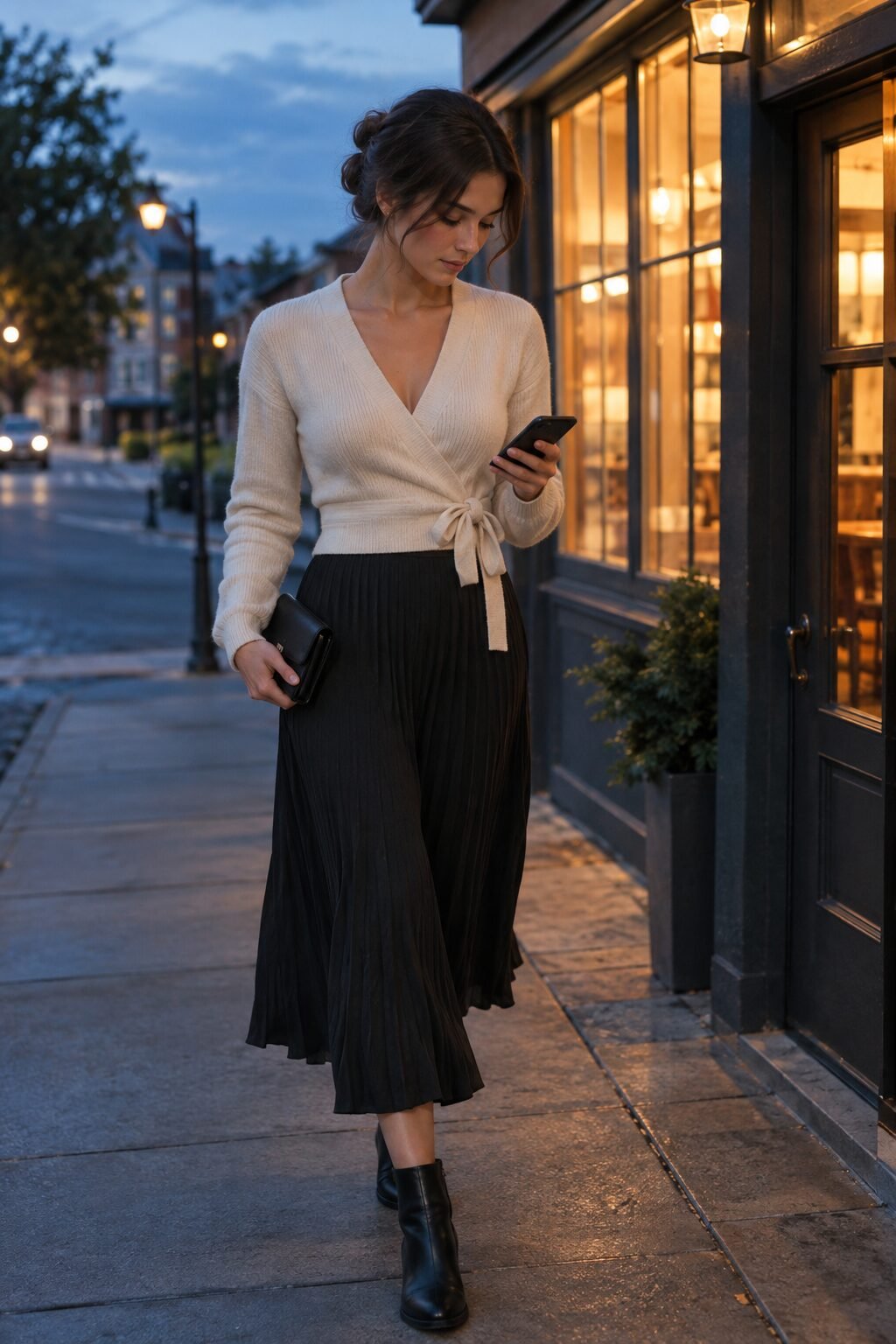 elegant fall outfit under $100: cream wrap cardigan tied at the waist with a black pleated matte midi skirt