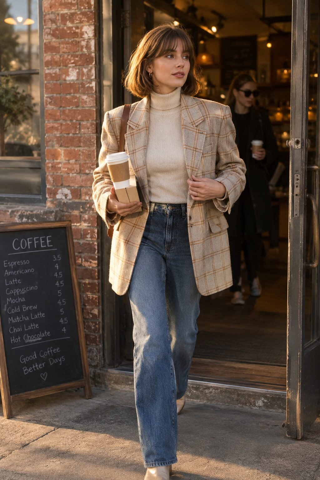 old money blazer outfit: cream and camel windowpane check blazer with a cream cashmere turtleneck