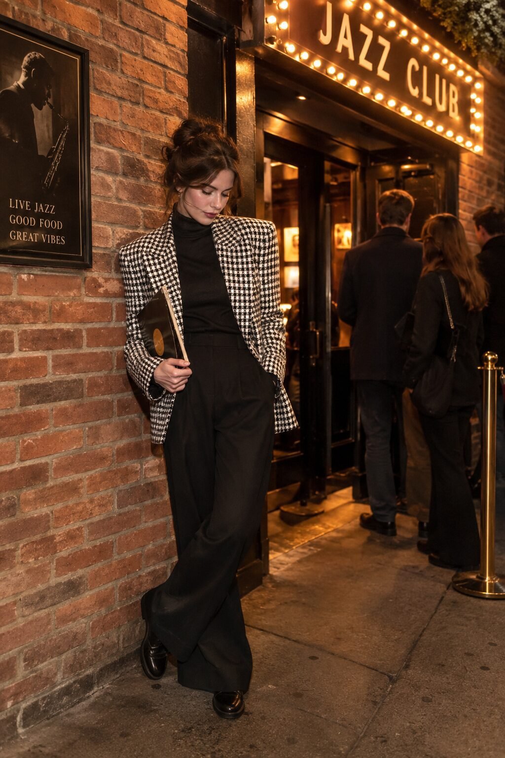 jazz club date outfit: black-and-white houndstooth wool coat over a black turtleneck and cigarette trousers