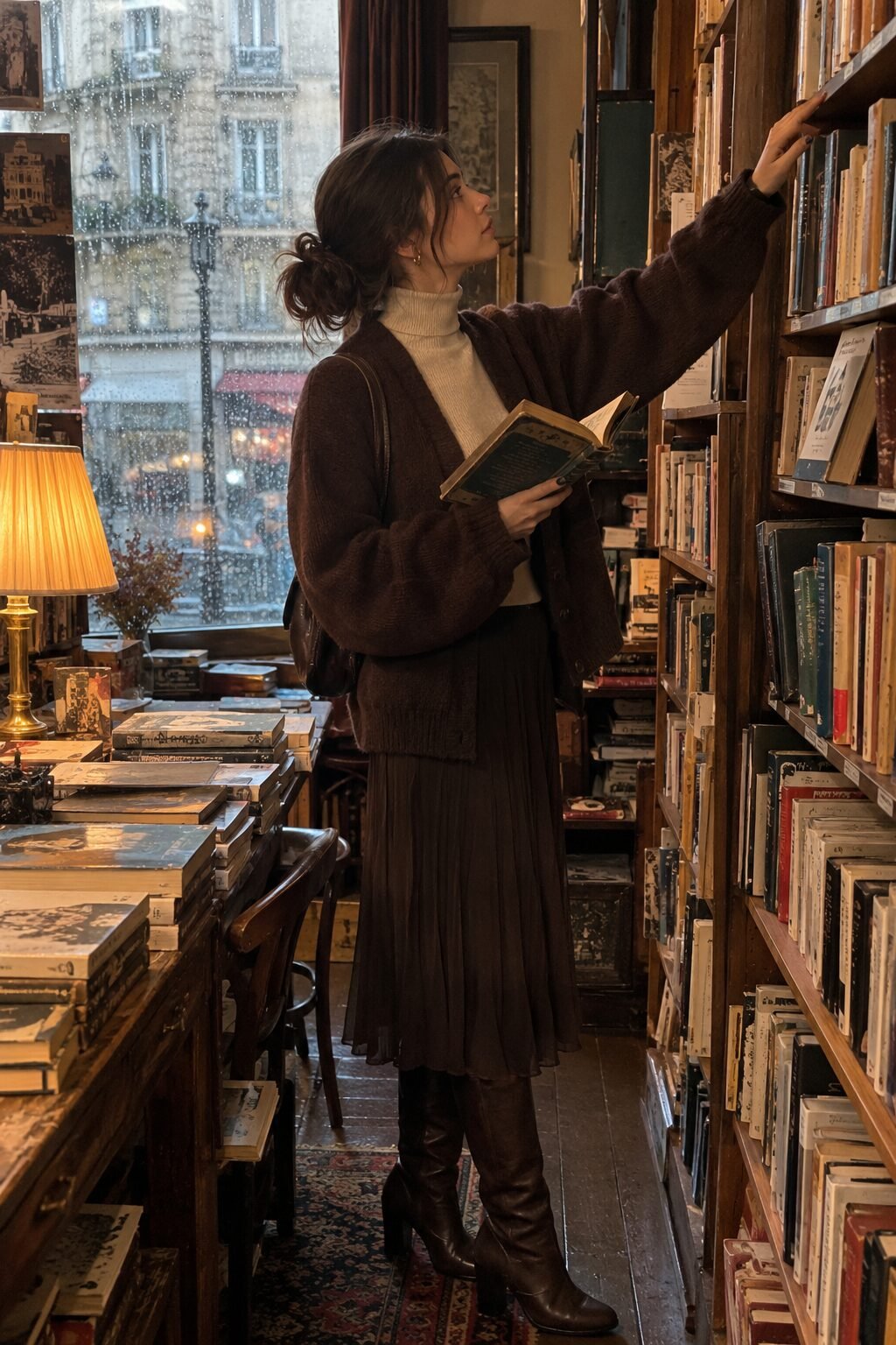 parisian chic fall outfit: oversized chocolate brown chunky cardigan over a pleated midi skirt for a rainy afternoon