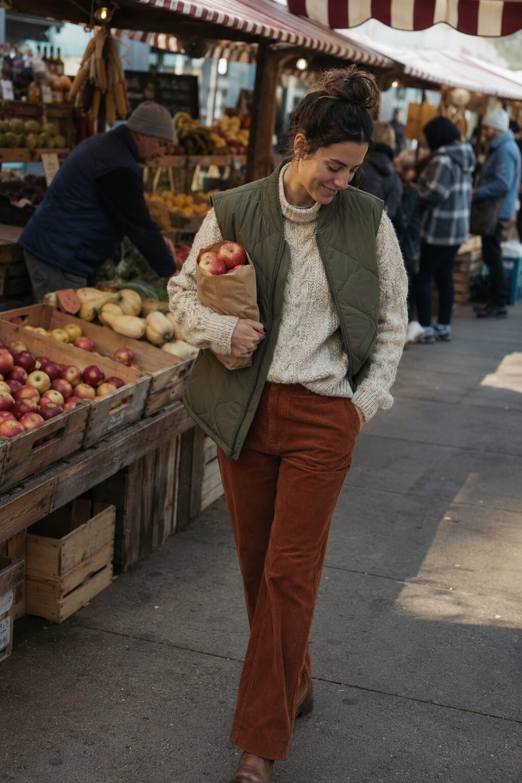 casual old money fall outfit: olive quilted vest over cable knit sweater with corduroy trousers