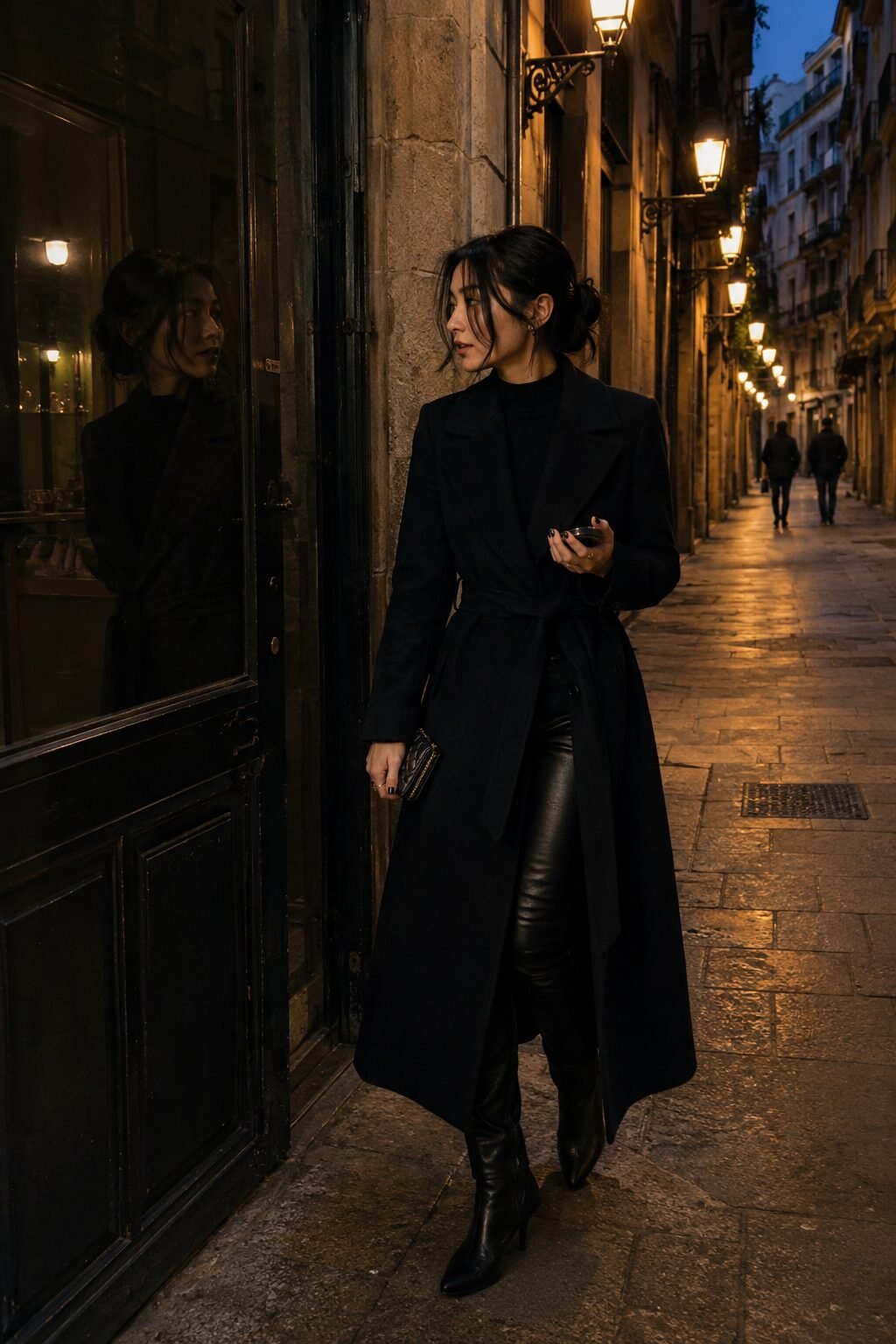 how to style a black trench coat with leather pants: belted black trench over slim black leather pants and a metallic clutch for Halloween night