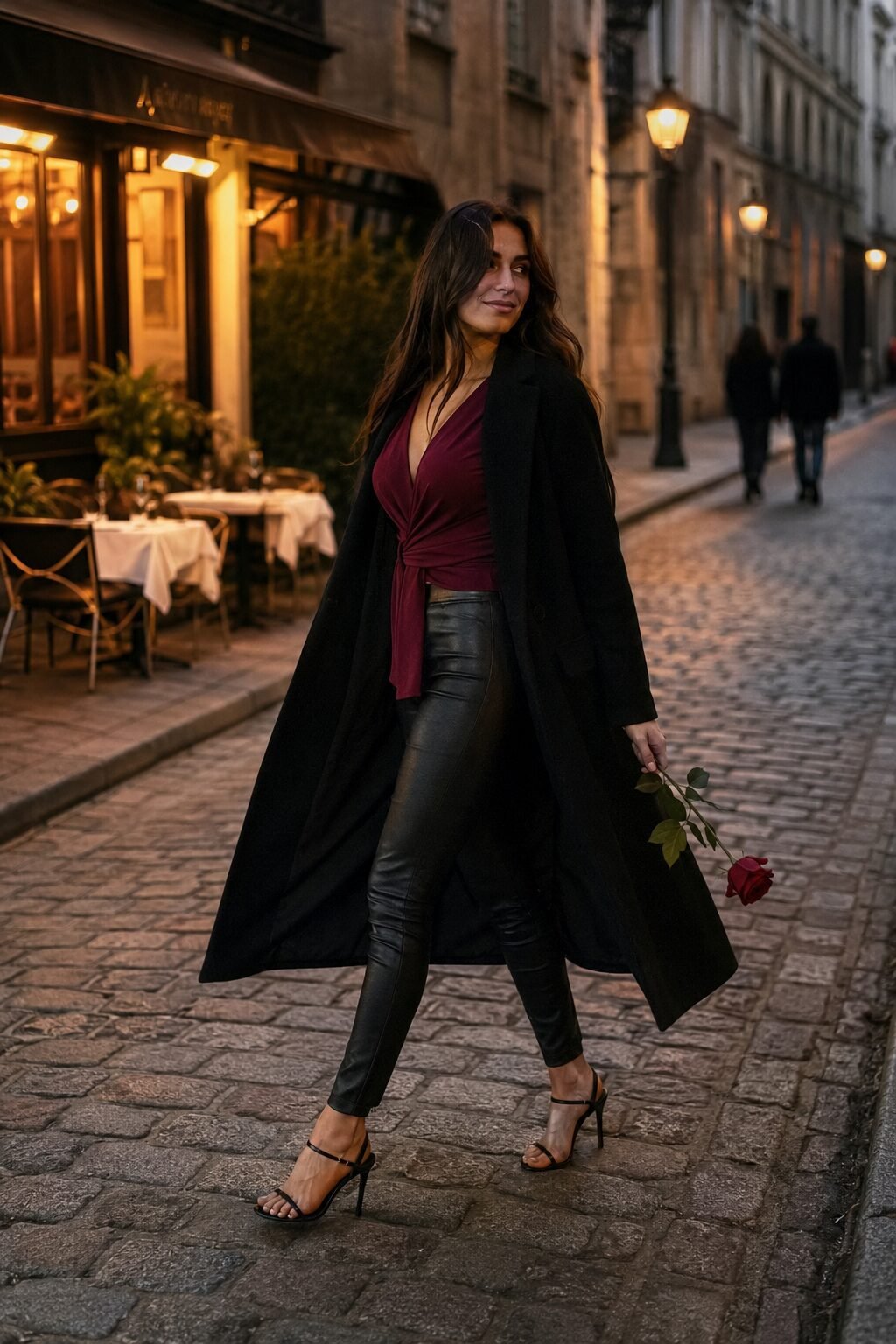 woman wearing a berry wrap top with black leather leggings for a fall dinner date