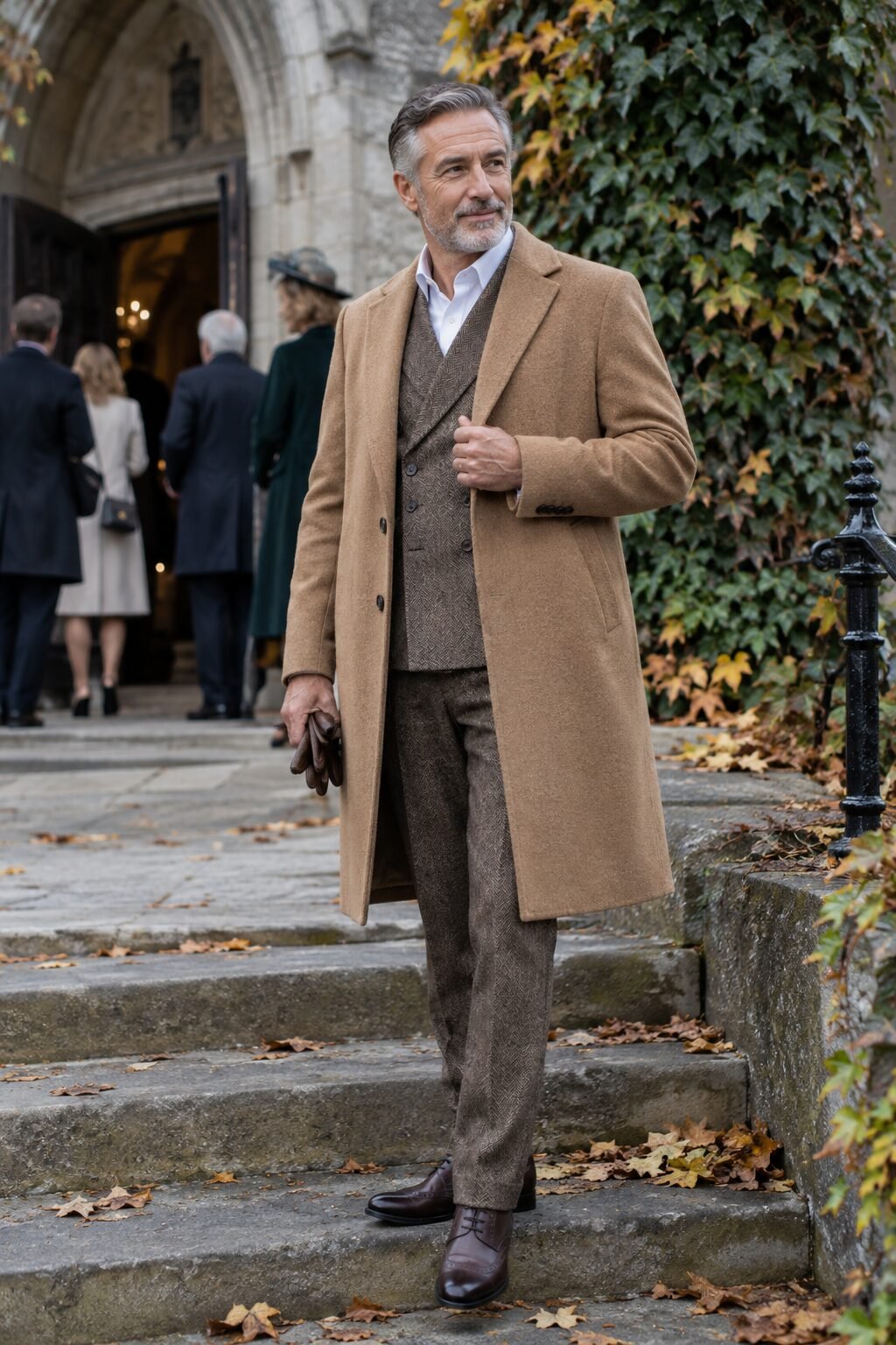 wedding guest attire for men over 50: brown herringbone suit layered with a herringbone waistcoat and camel wool overcoat for a fall wedding