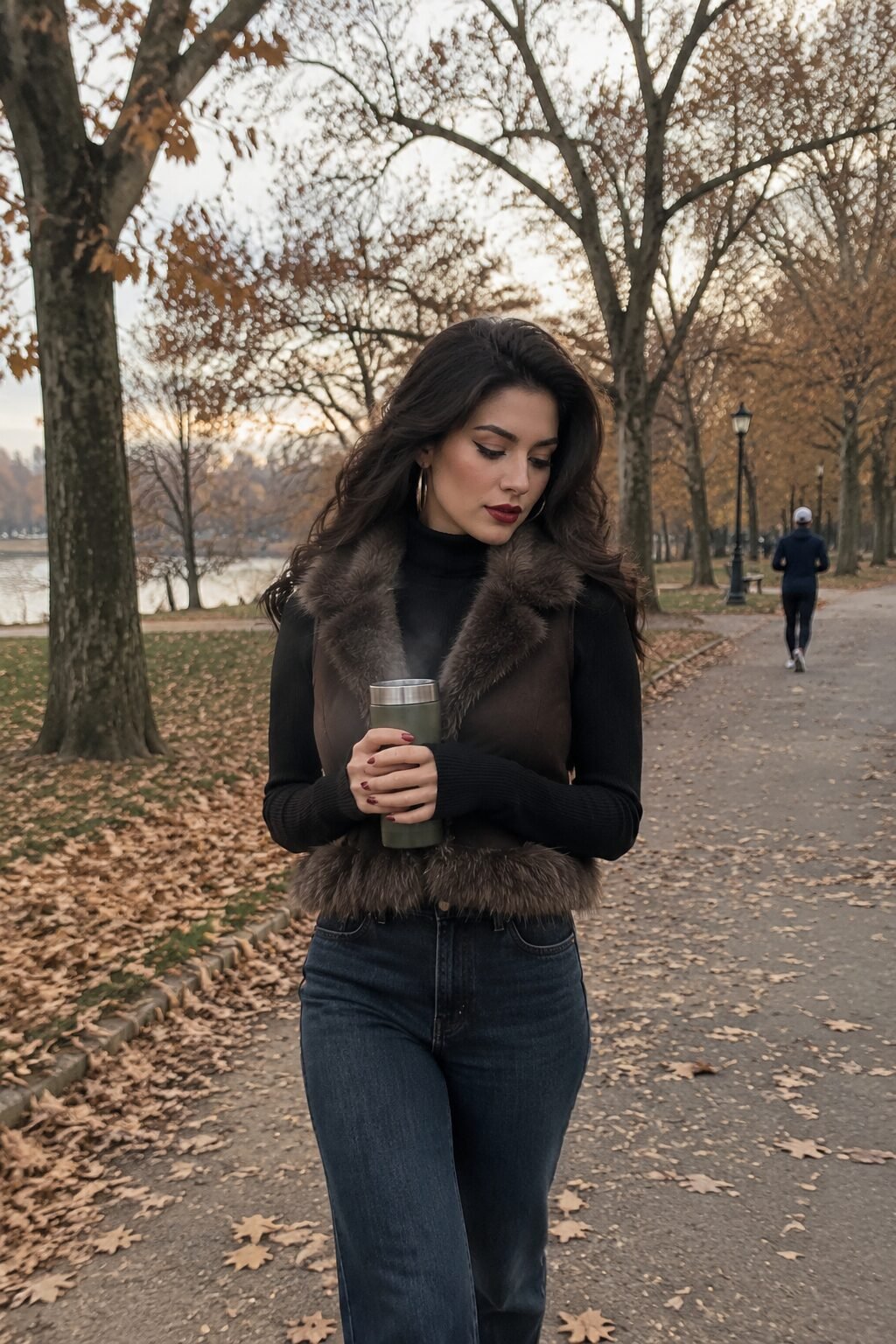 cold-weather casual outfit: brown fur-trim vest over black turtleneck and straight-leg jeans