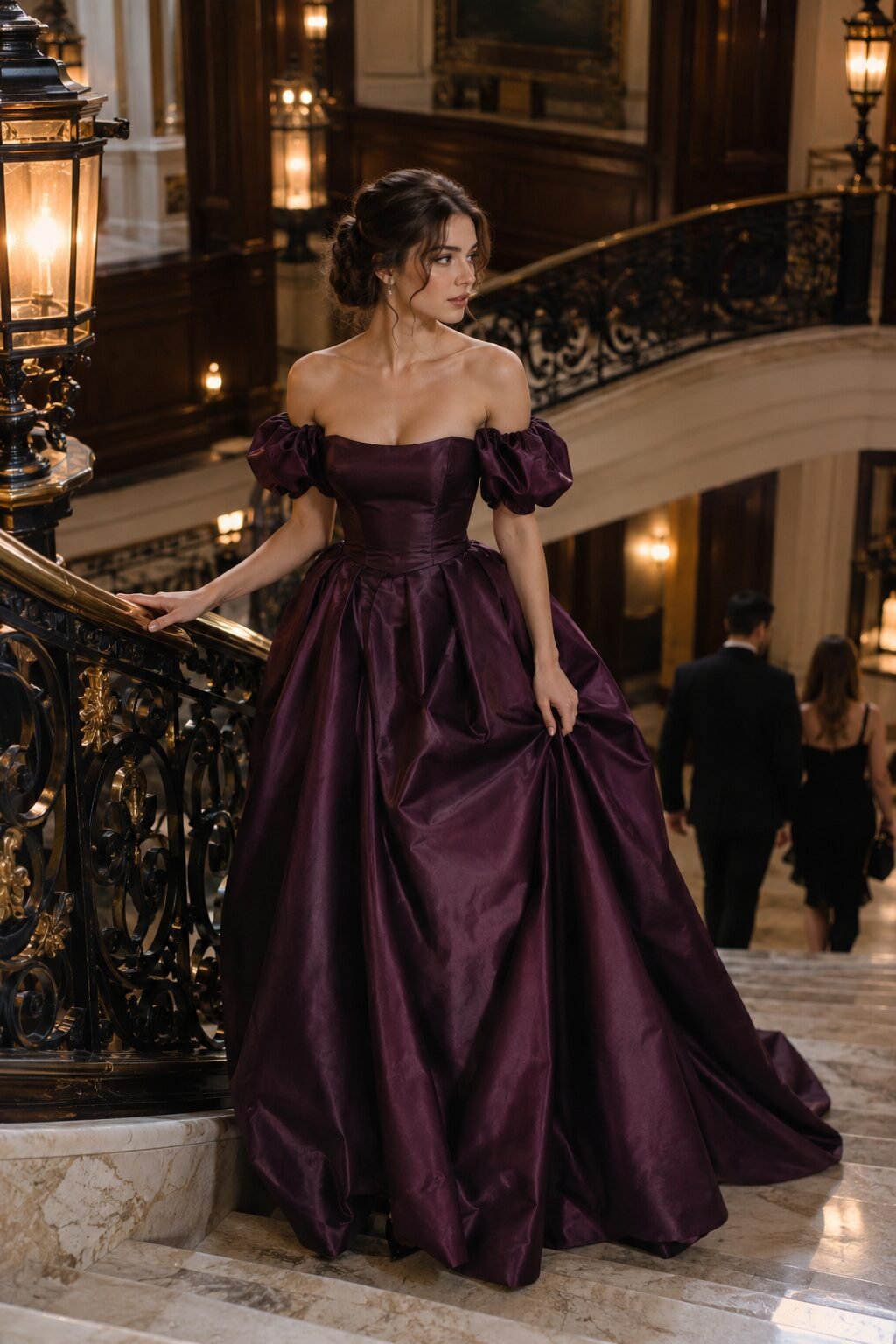 old hollywood prom dress: deep plum off-the-shoulder puff sleeve ball gown